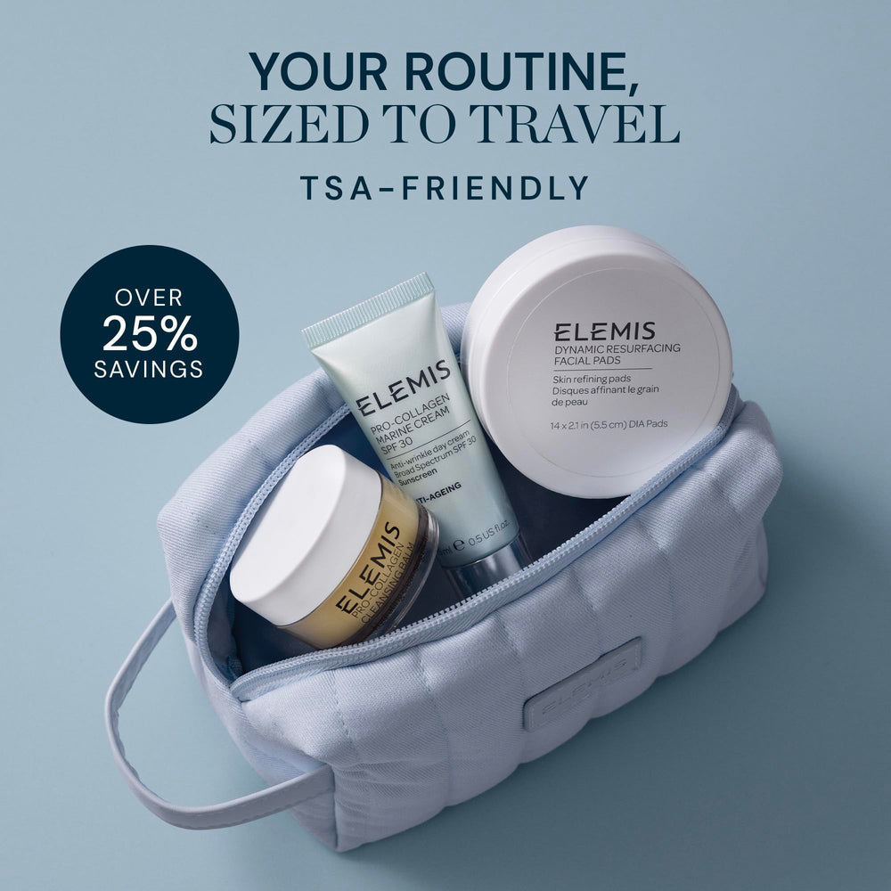 Elemis Travel Kit Flatlay showcasing on-the-go skincare in a premium set