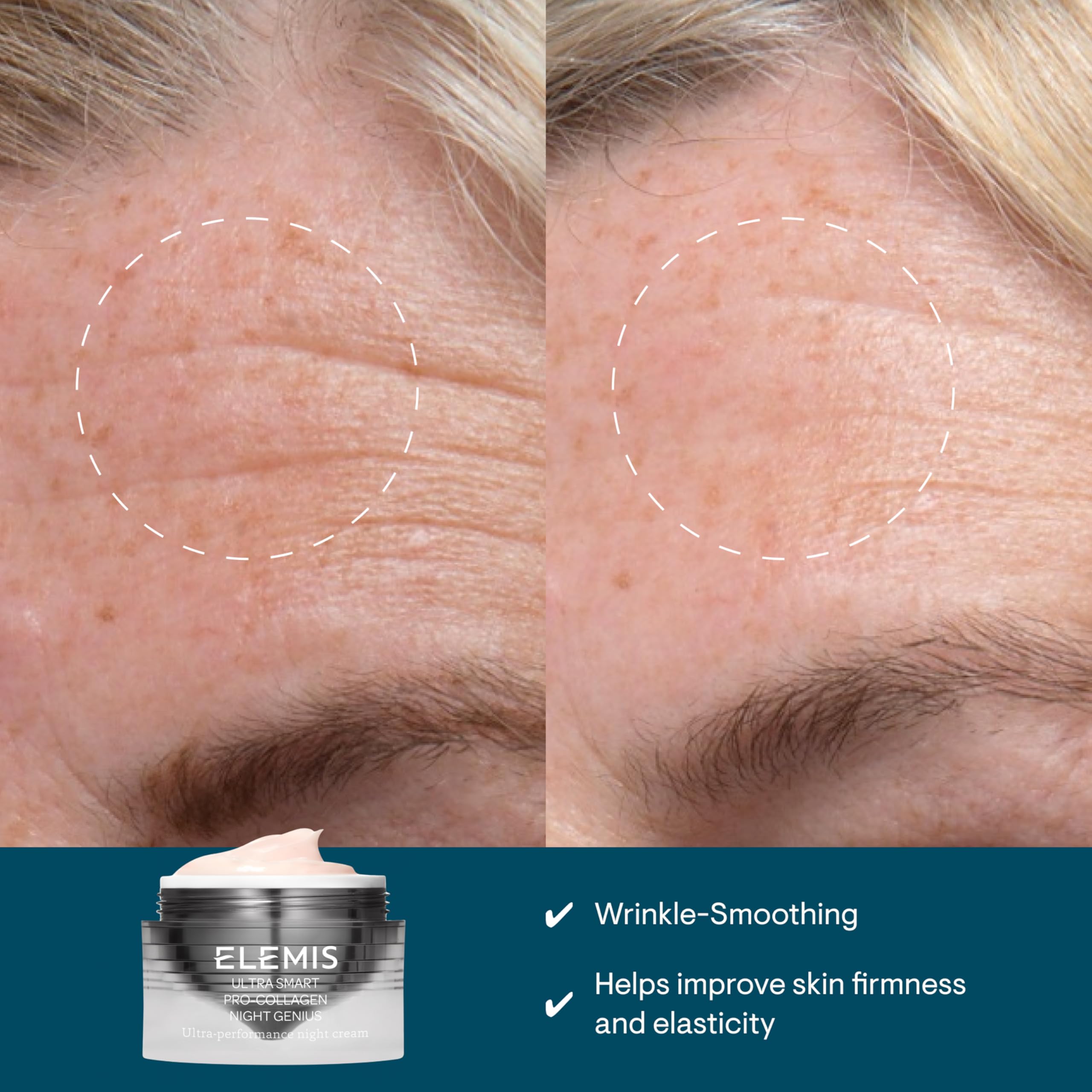 Elemis Ultra Smart Night Genius cream swirl highlights rich texture for overnight recovery.