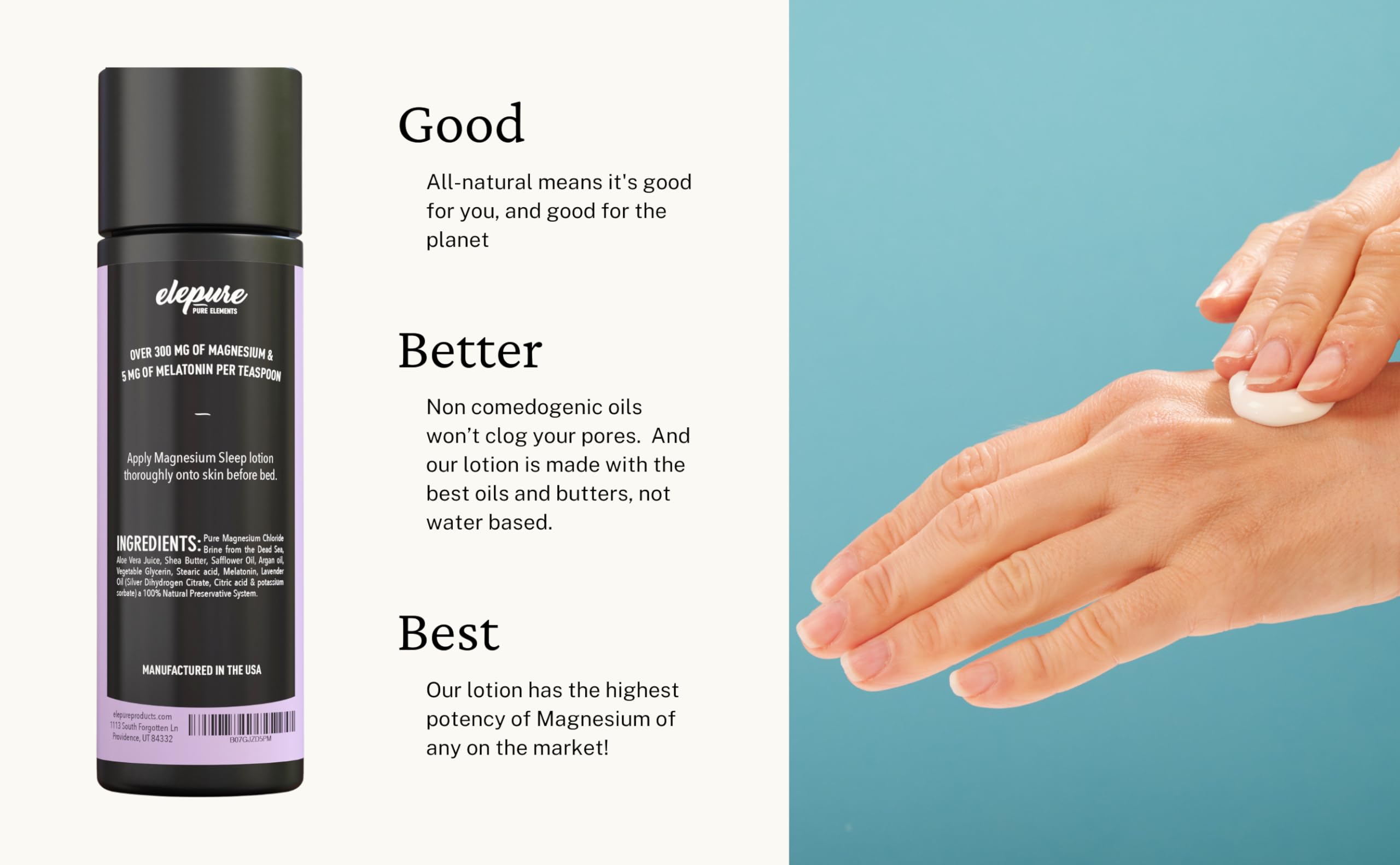 Elepure Pure Elements bedside scene illustrating a bedtime routine with the lotion.