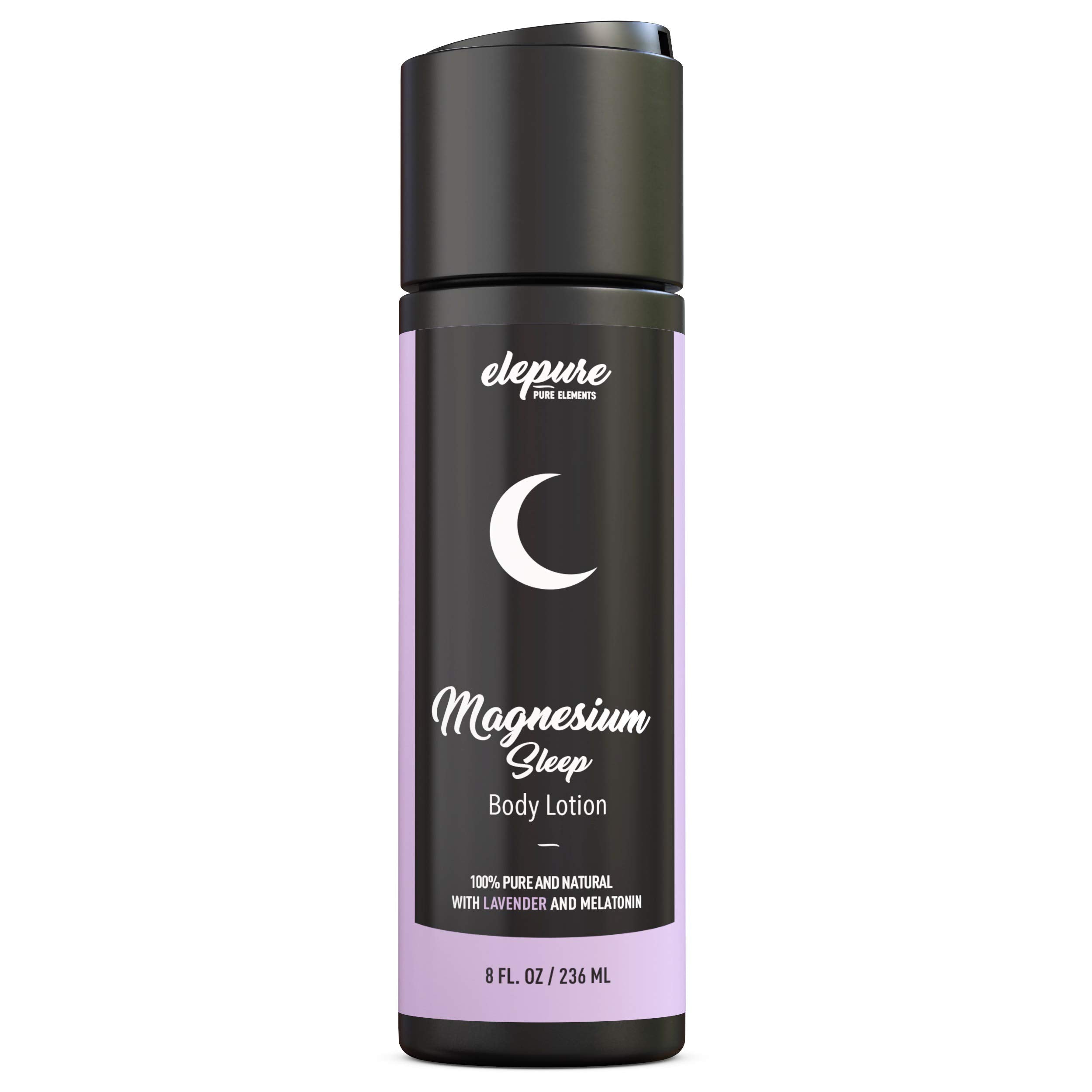 Elepure Pure Elements magnesium sleep lotion bottle closeup with lavender scent for a calming bedtime routine.