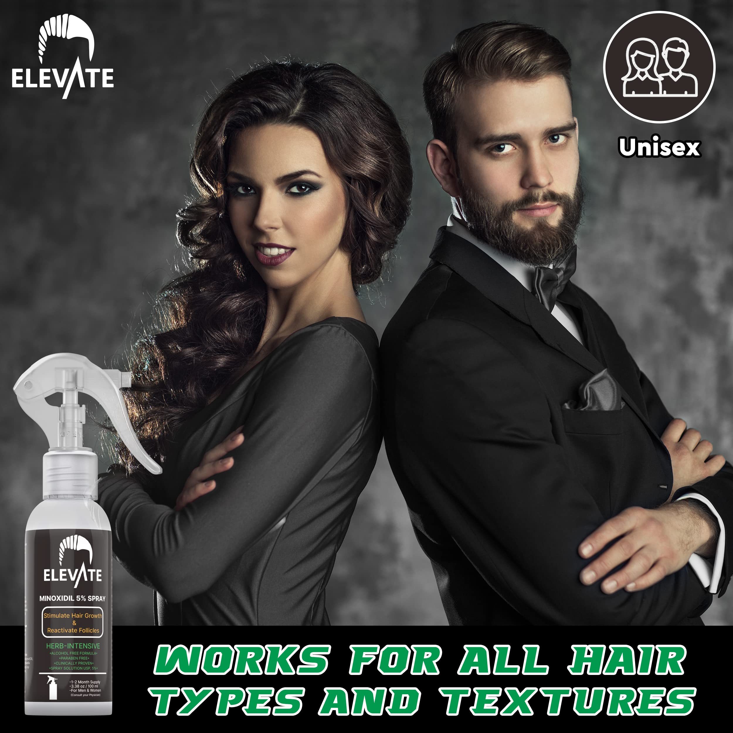 Elevate 5% Minoxidil closeup highlights bottle finish and precise spray mechanism