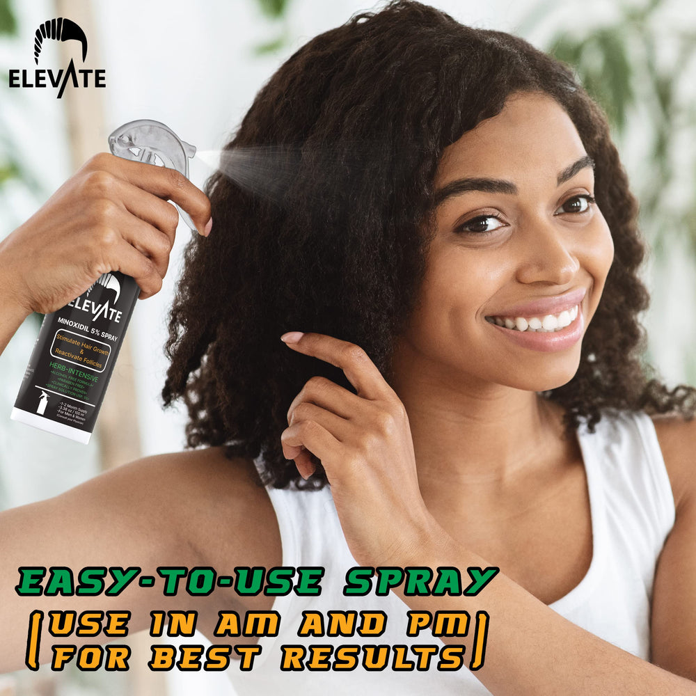 Elevate 5% Minoxidil ingredients bottle features Biotin, Coconut Oil and Green Tea