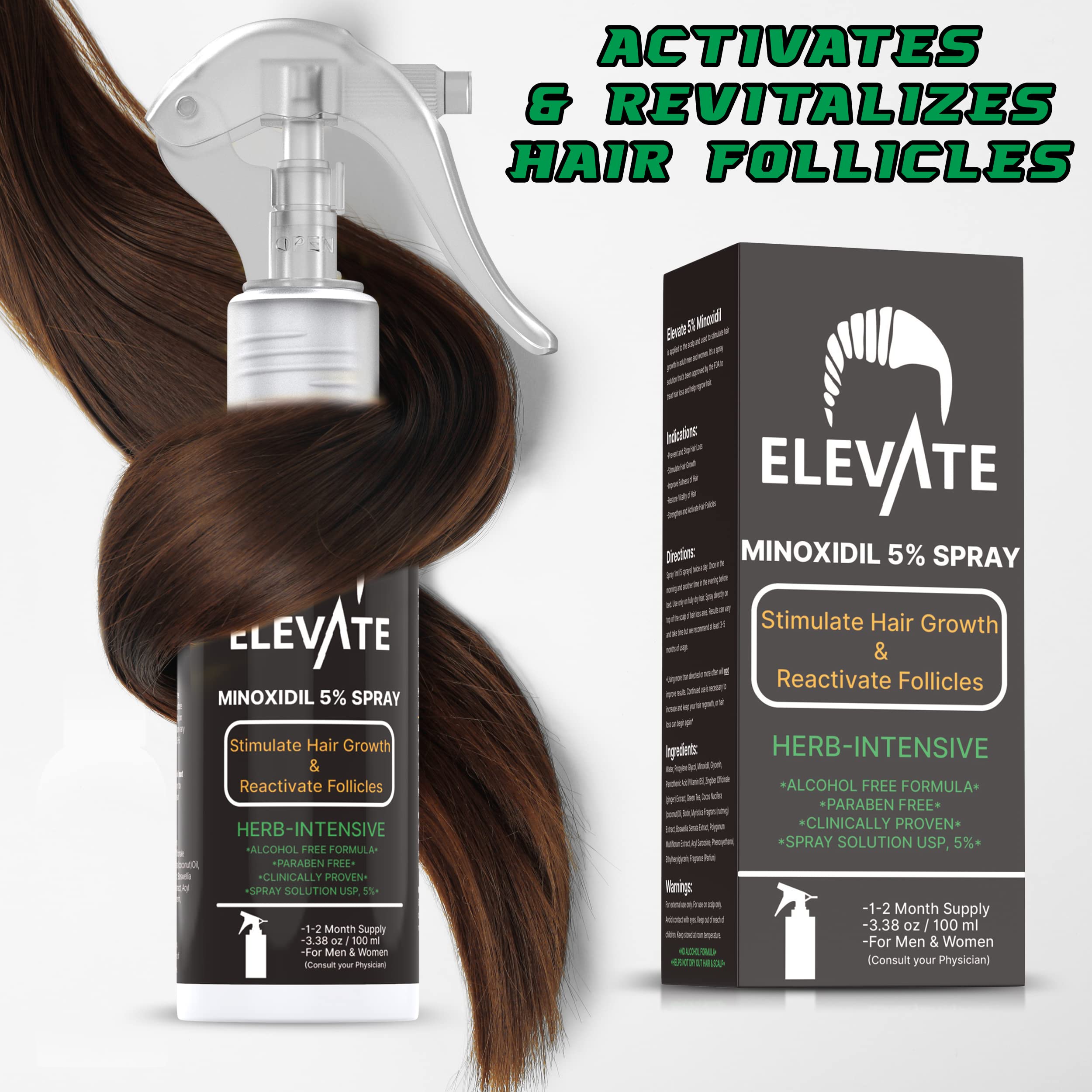 Elevate 5% Minoxidil spray application demonstrates quick-dry, non-greasy use on scalp