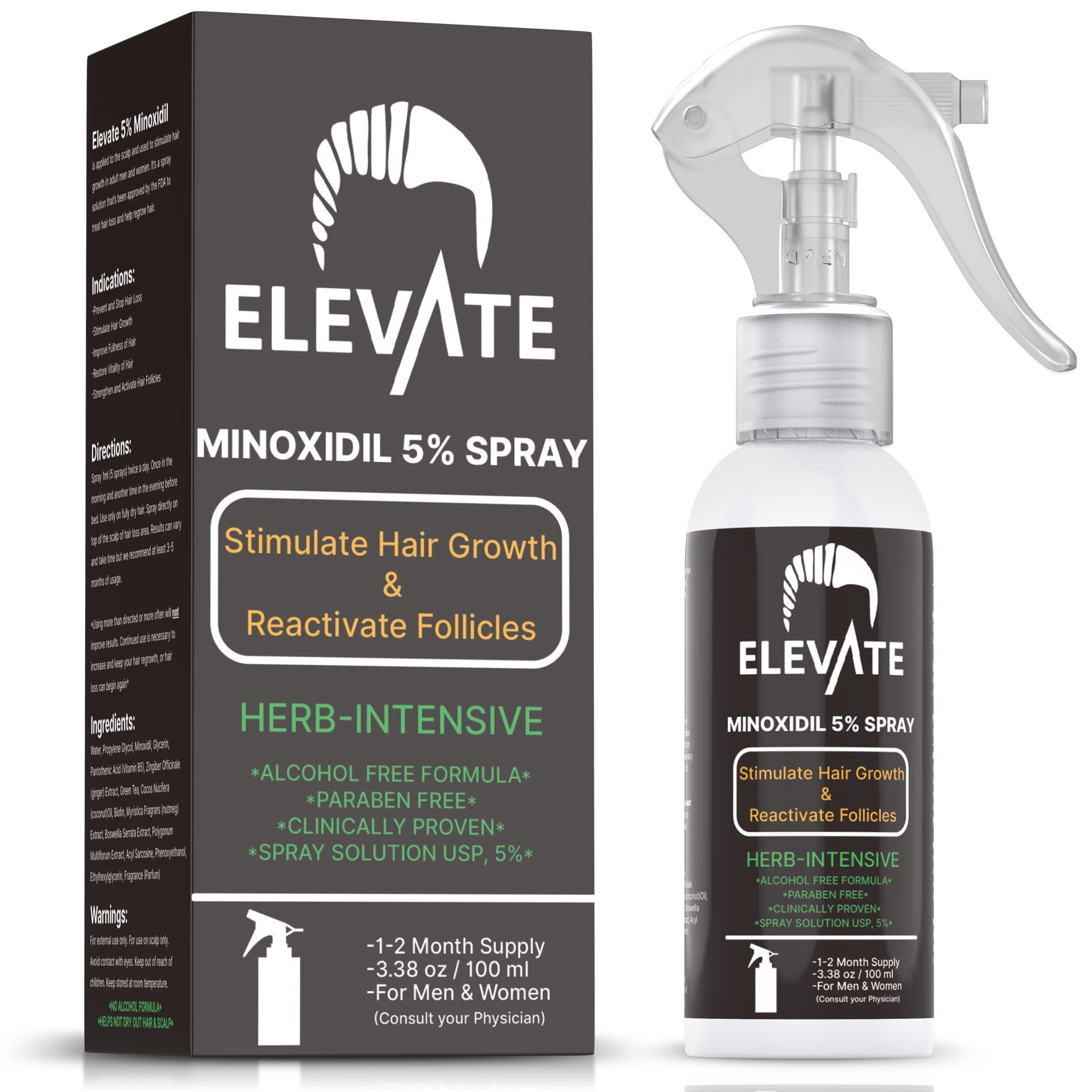 Elevate 5% Minoxidil spray bottle shows an alcohol-free, fast-absorbing formula for daily use