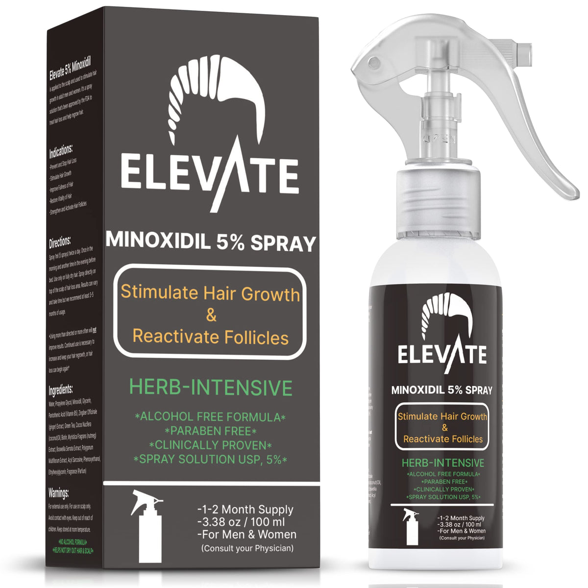 Elevate 5% Minoxidil spray bottle shows an alcohol-free, fast-absorbing formula for daily use