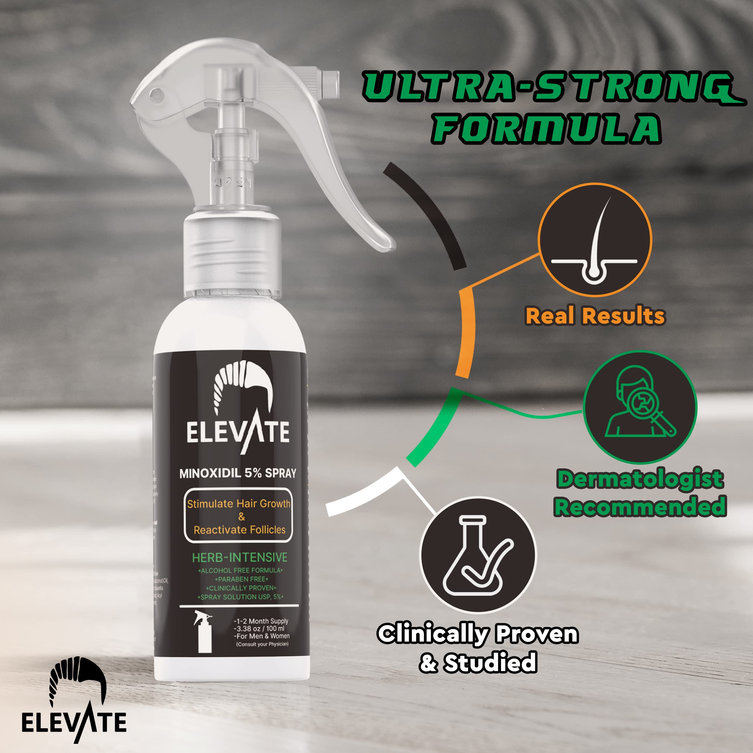Elevate 5% Minoxidil spray nozzle enables precise, mess-free application to thinning areas