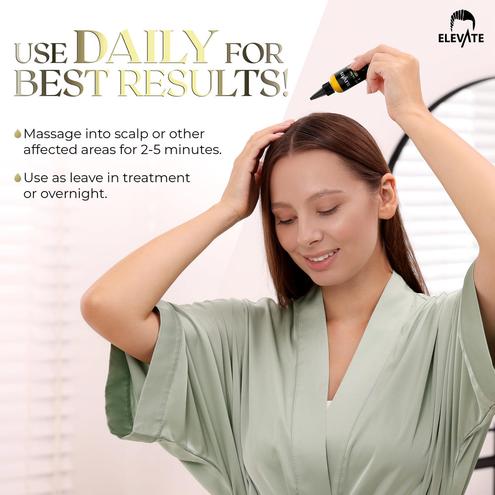 Elevate Batana Oil label emphasizes suitability for all hair types.