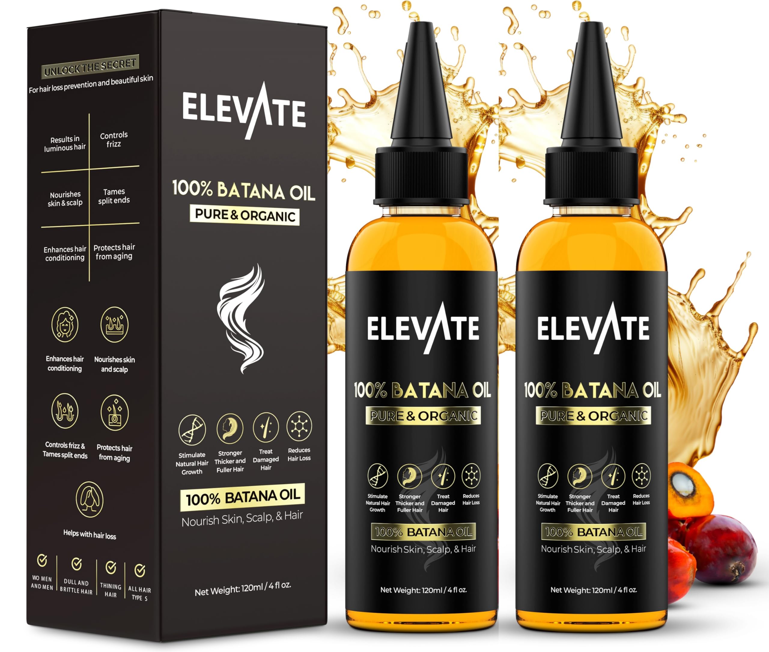 Elevate Batana Oil natural ingredients closeup highlights botanical purity.