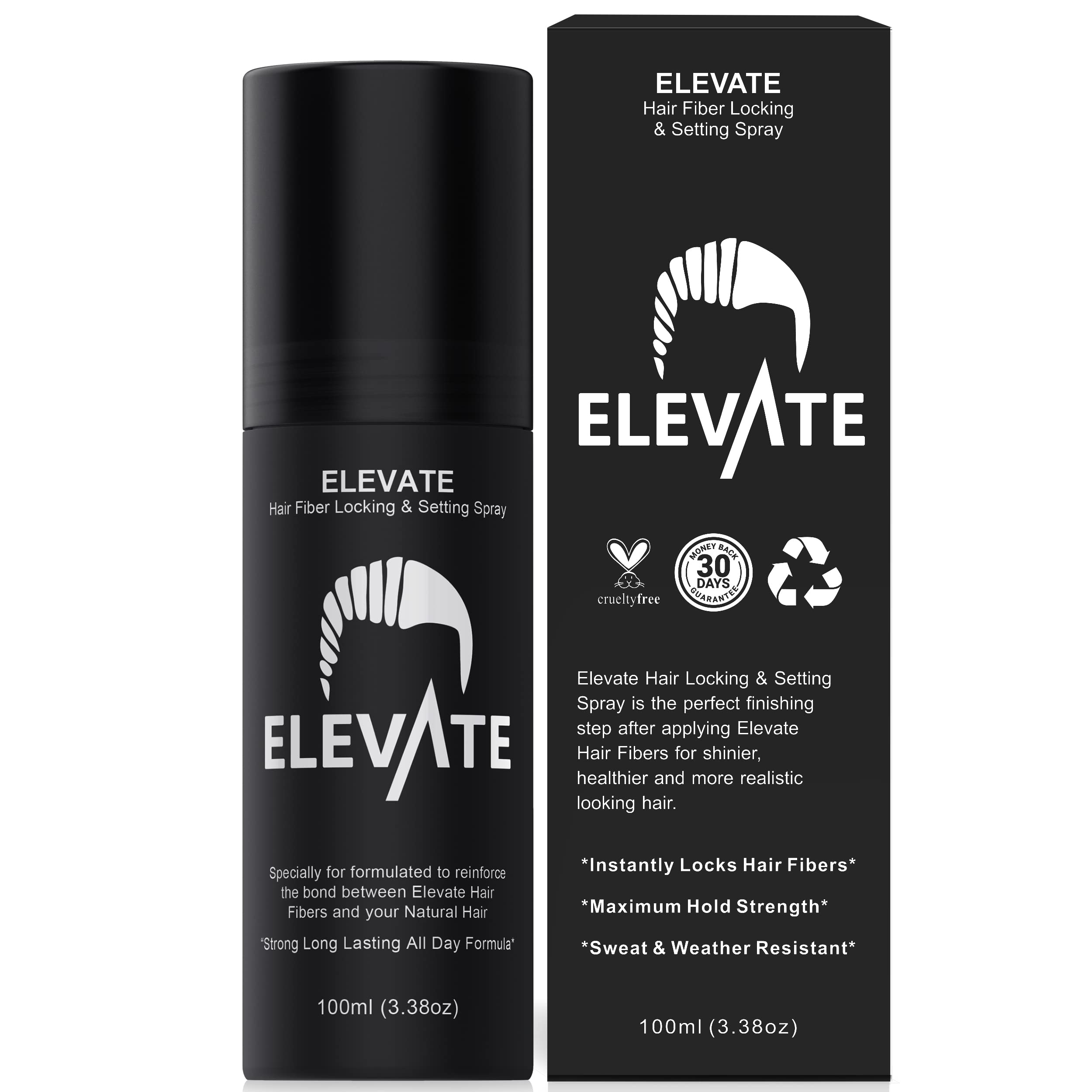 Elevate Hair Fiber Locking Spray bottle closeup showing strong all-day hold