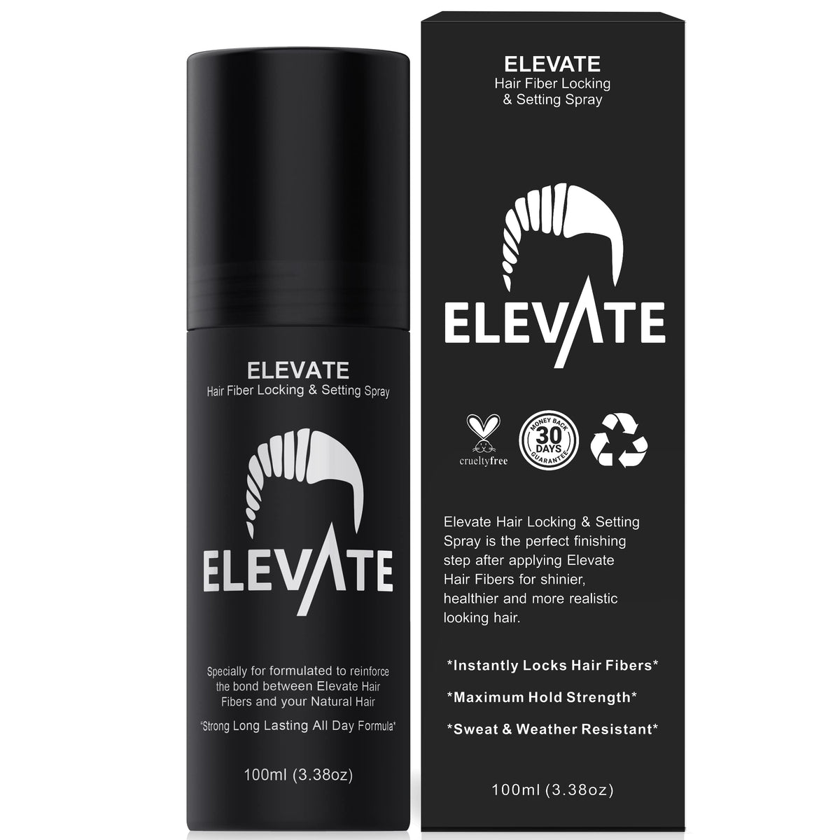 Elevate Hair Fiber Locking Spray bottle closeup showing strong all-day hold