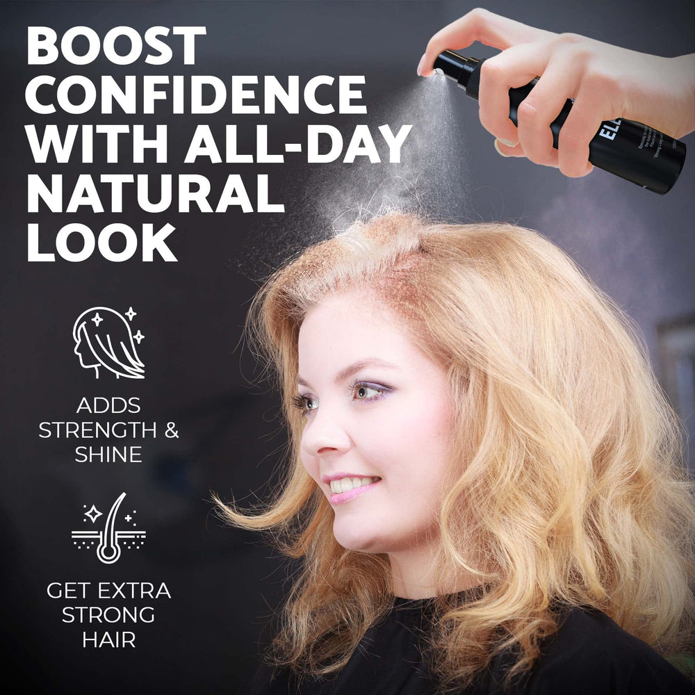 Elevate Hair Fiber Locking Spray on hair showing natural-looking hold