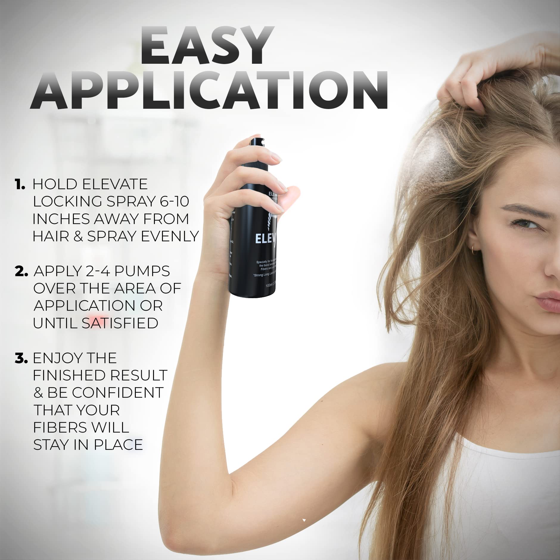 Elevate Hair Fiber Locking Spray wind test demonstrating durability