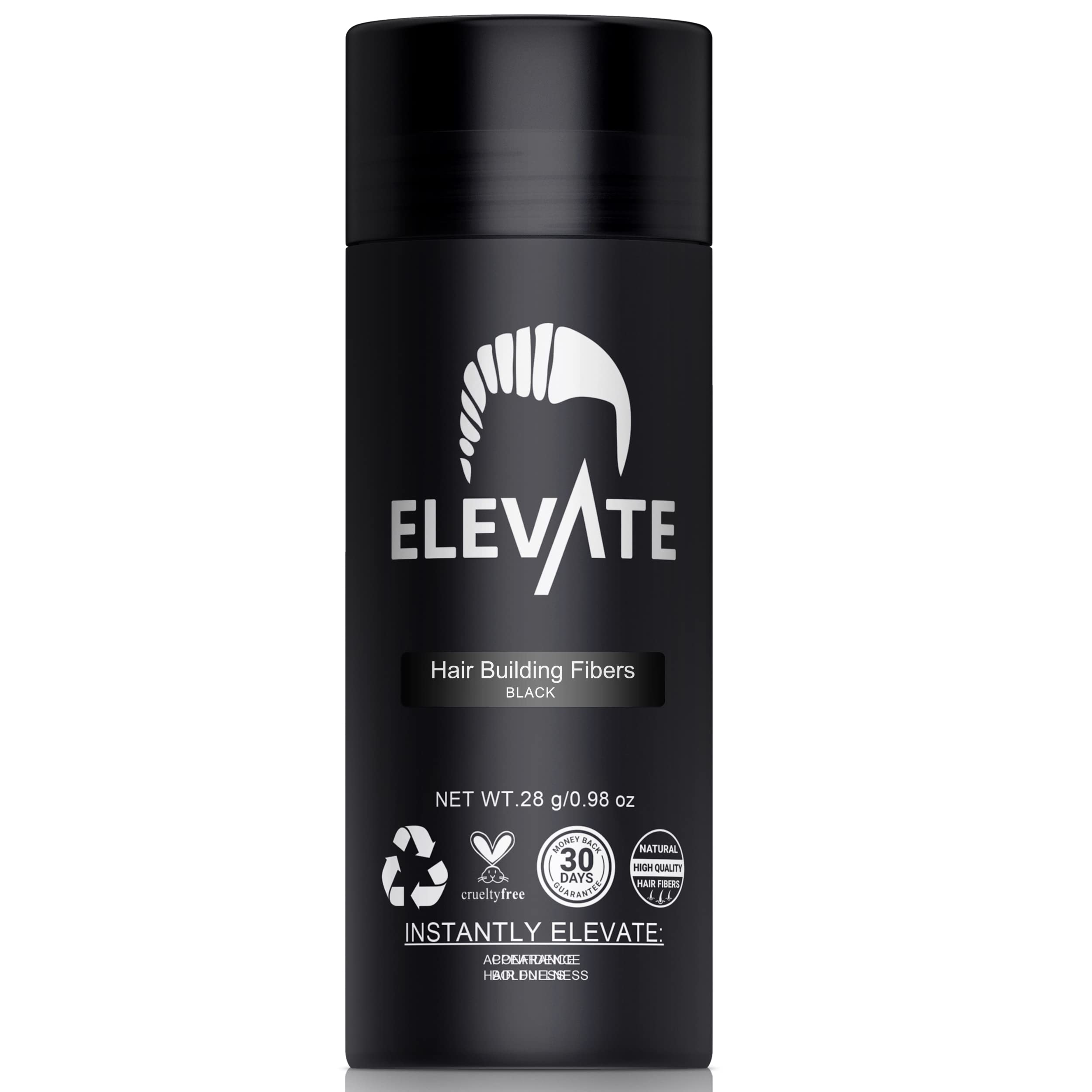 Elevate Hair Fibers packaging in BLACK, ready for discreet, instant fullness.