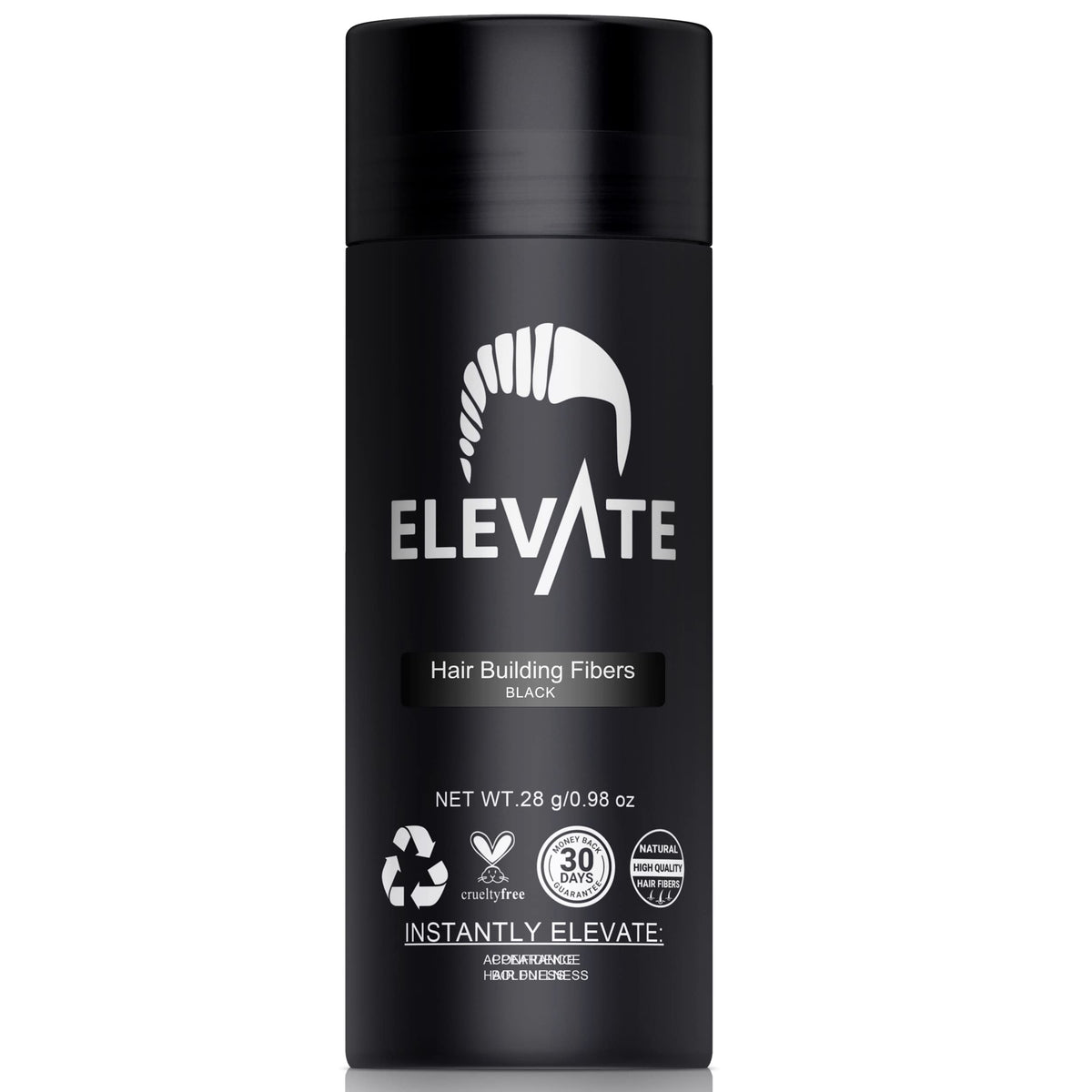 Elevate Hair Fibers packaging in BLACK, ready for discreet, instant fullness.