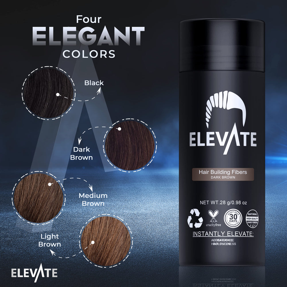 Elevate Hair Fibers dry-hair use demonstrates quick styling and coverage.
