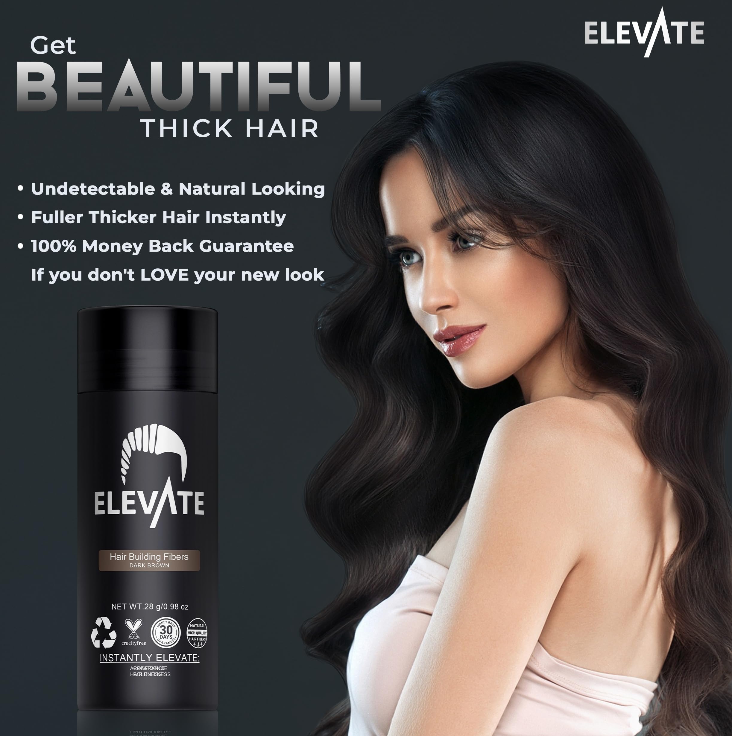 Elevate Hair Fibers hairline concealment close-up with natural keratin fibers.