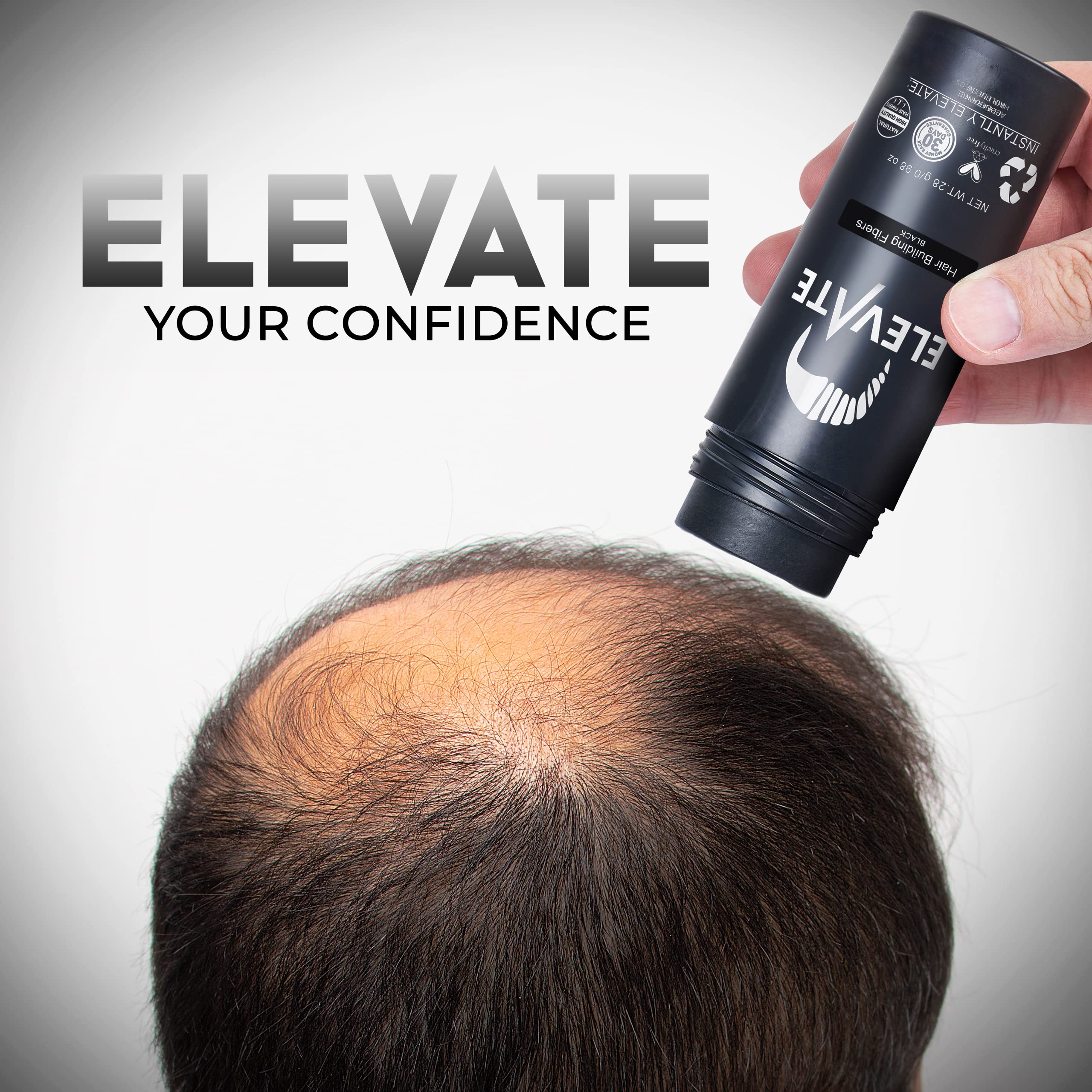 Elevate Hair Fibers woman applying on thinning hairline for fuller style.