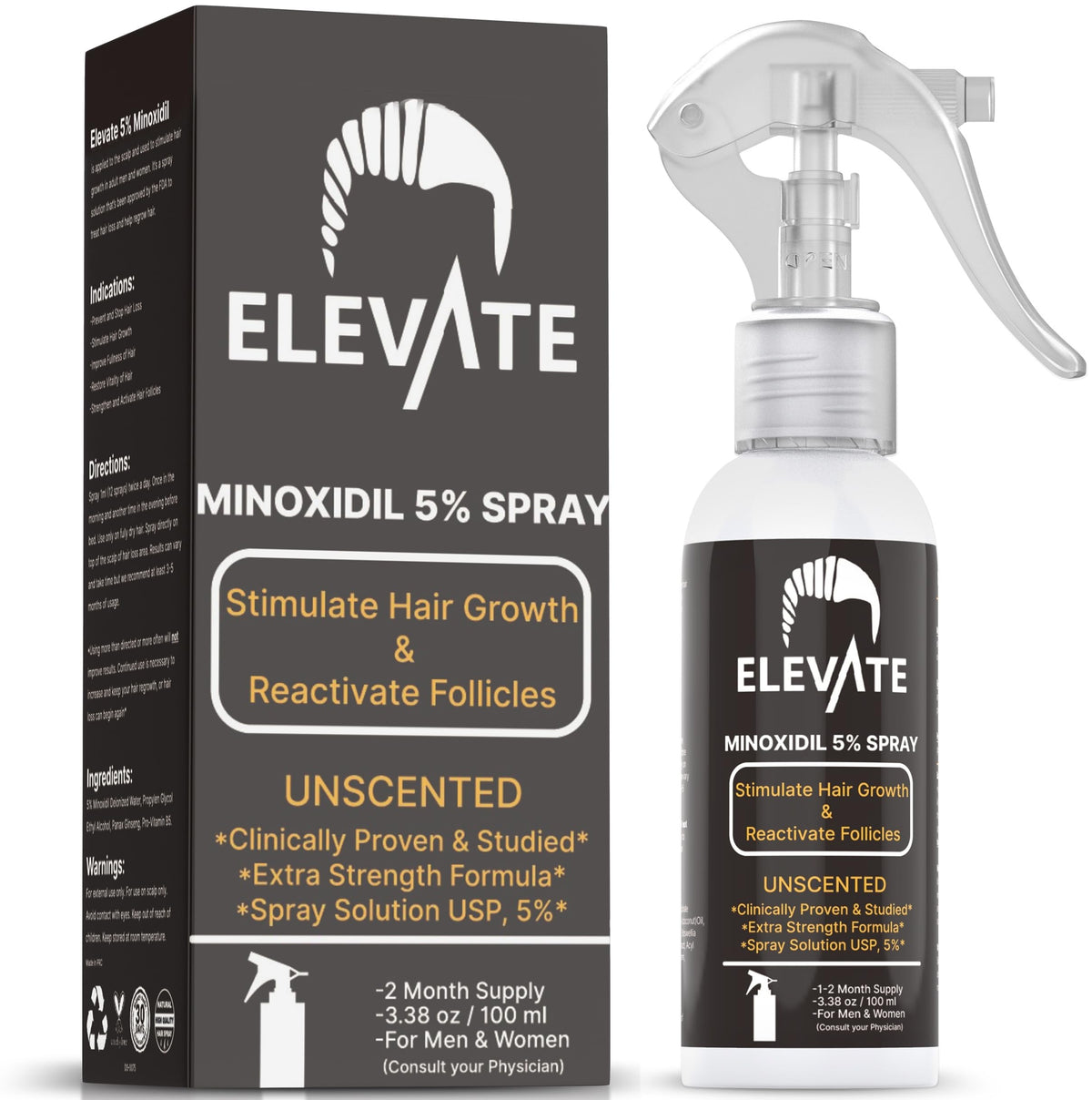 Elevate hair regrowth spray bottle demonstrates targeted minoxidil application for fuller-looking hair.