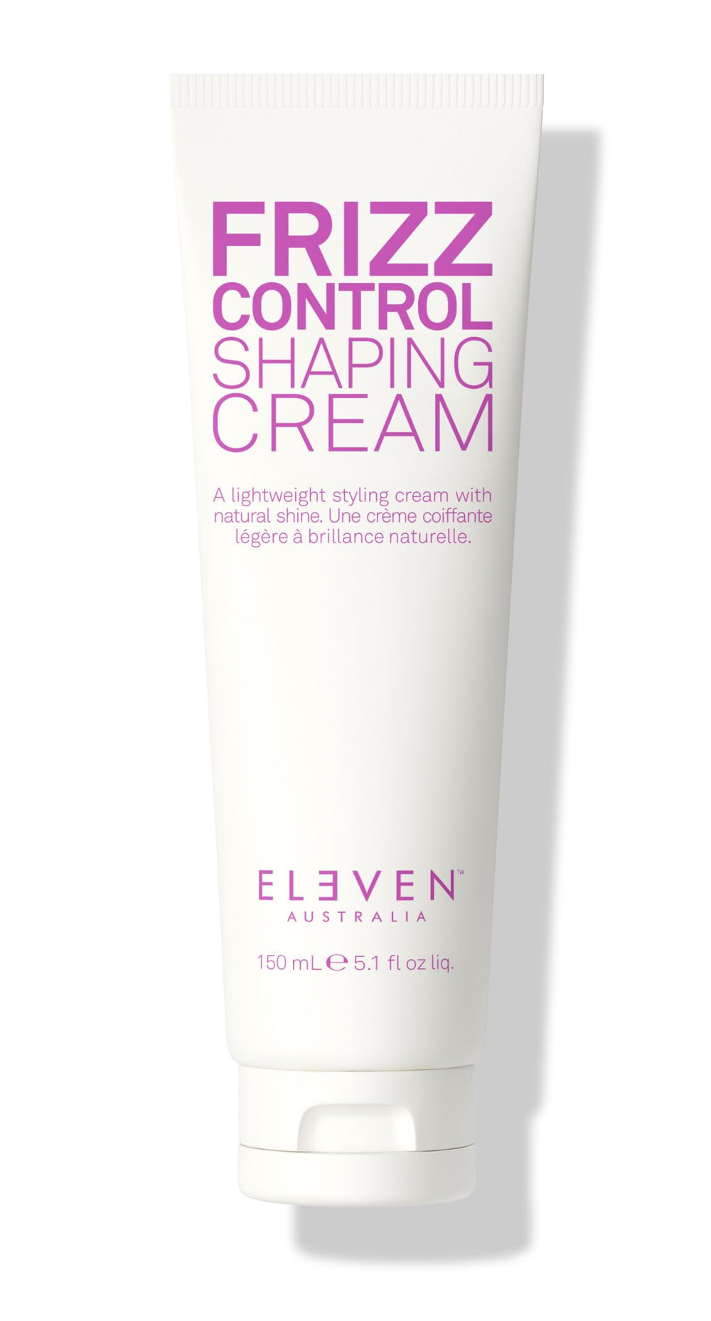 ELEVEN AUSTRALIA Frizz Control Shaping Cream bottle demonstrates easy, frizz-free smoothing for defined curls.