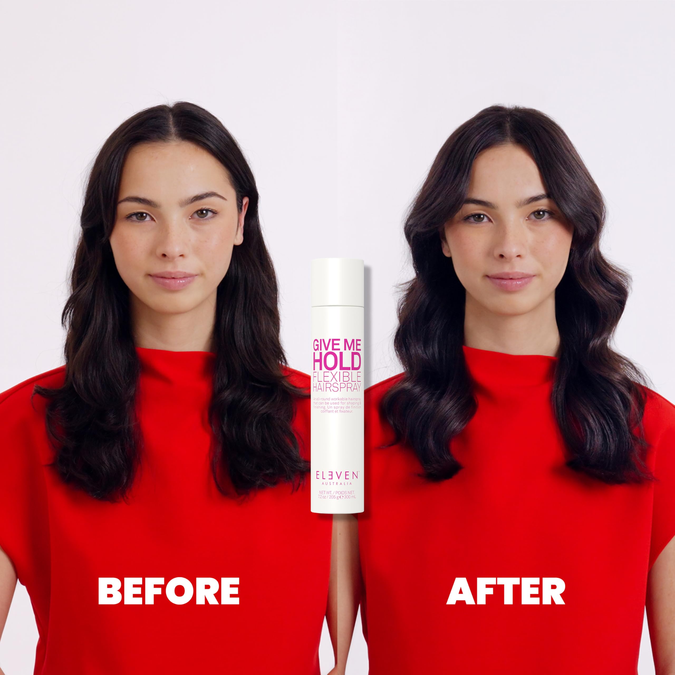 ELEVEN AUSTRALIA Give Me Hold hairspray application scene for brushable, flexible finish.