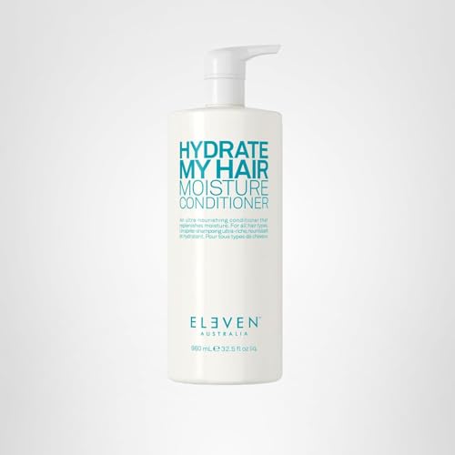 ELEVEN AUSTRALIA Hydrate My Hair conditioner label closeup highlights hydrating ingredients.