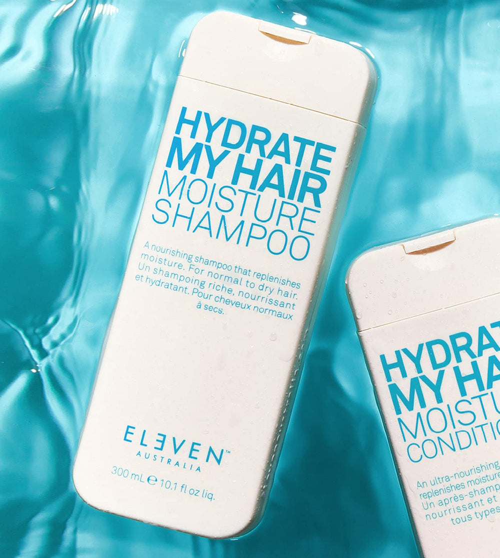 ELEVEN AUSTRALIA Hydrate My Hair Shampoo ingredient card features quinoa and soy proteins.