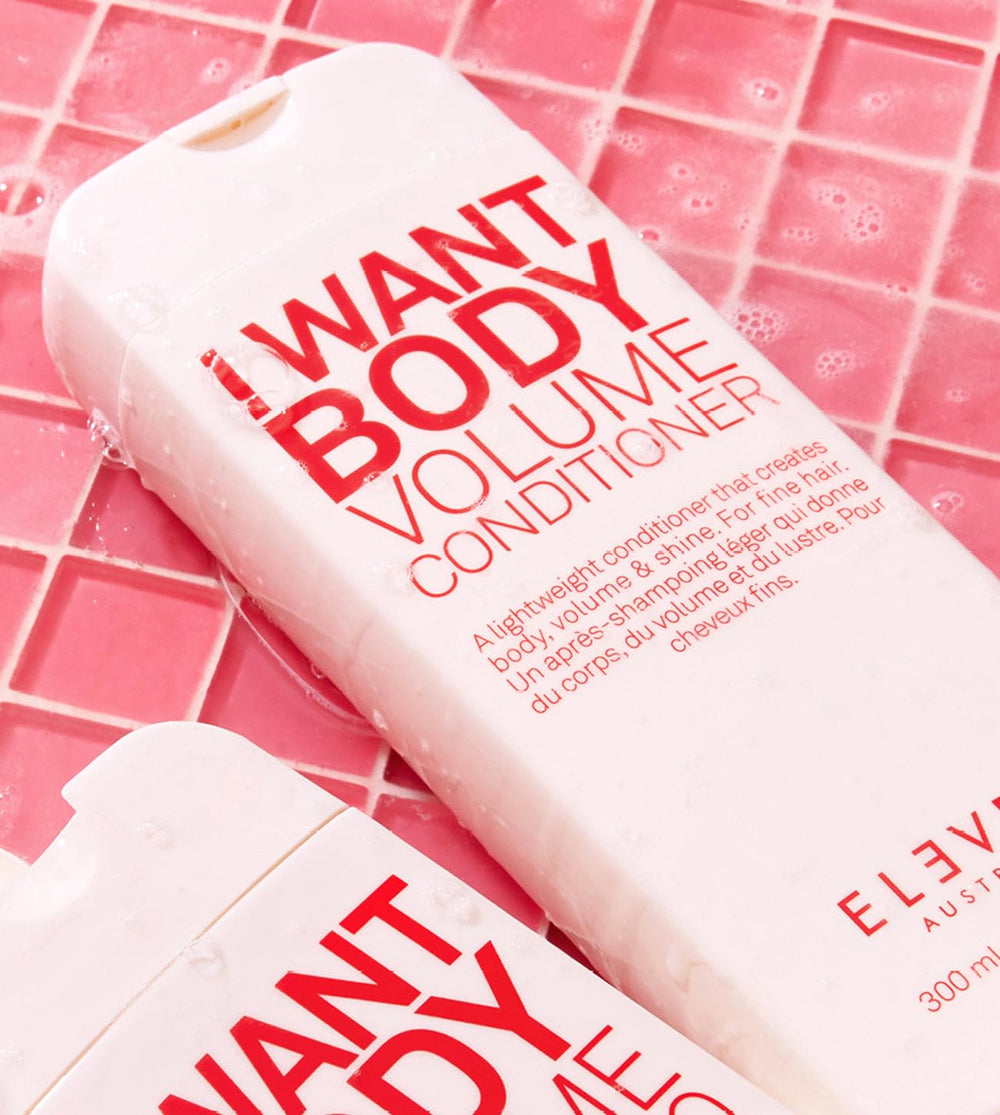 ELEVEN AUSTRALIA I Want Body Volume ingredients close-up for nourished, hydrated strands.