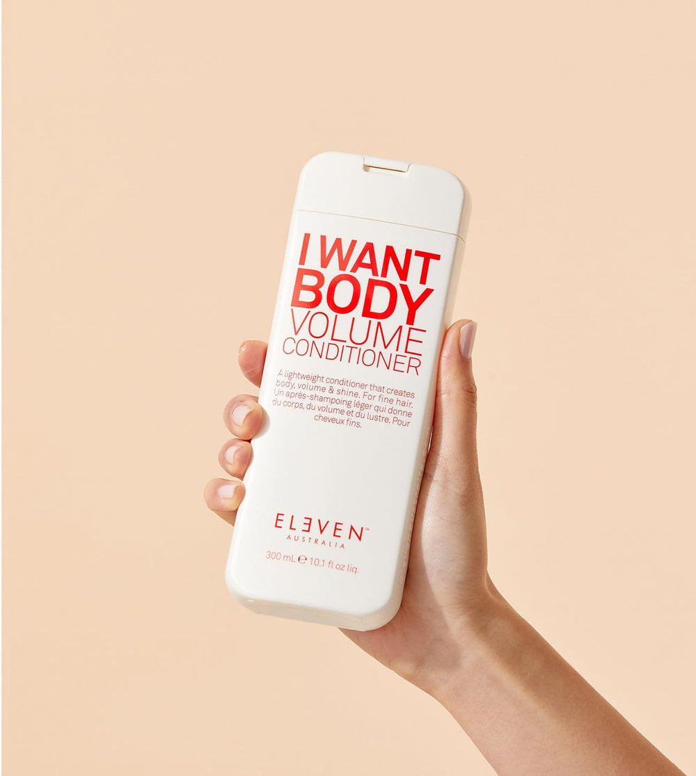 ELEVEN AUSTRALIA I Want Body Volume product shot highlights sulfate-free benefits.