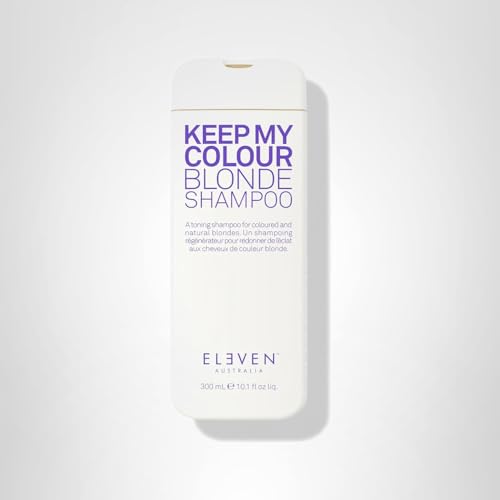 Eleven Australia Keep My Colour Blonde Shampoo close-up shows blue-tinted formula for neutralizing tones.