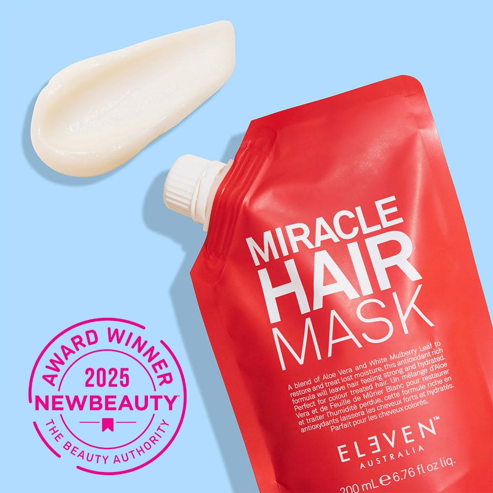 ELEVEN AUSTRALIA Miracle Hair Mask jar back label showing key benefits for color treated hair