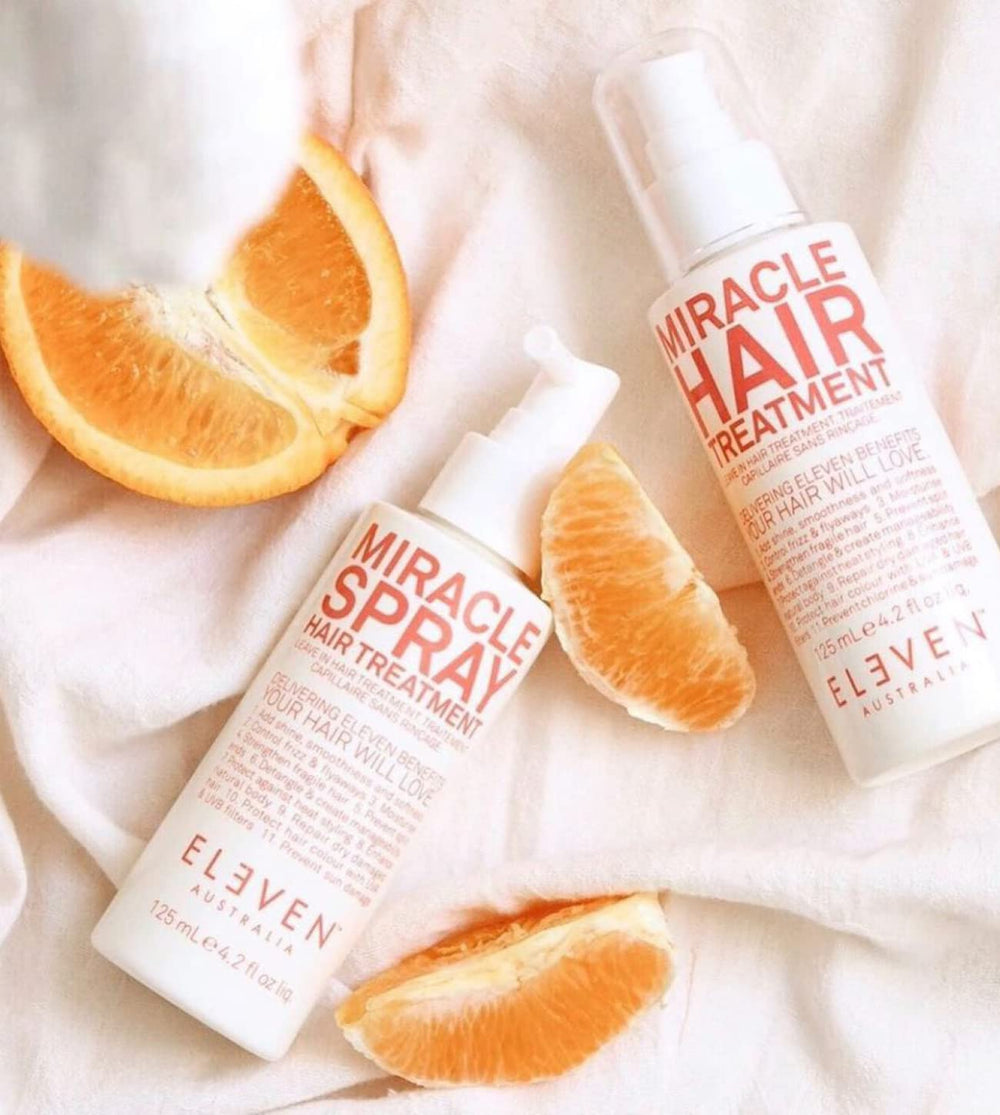 ELEVEN AUSTRALIA Miracle Leave-In Spray demonstrates heat protection and frizz control for polished styles.