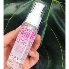 ELEVEN AUSTRALIA Smooth & Shine Serum argan oil drops highlight nourishing shine and manageability.