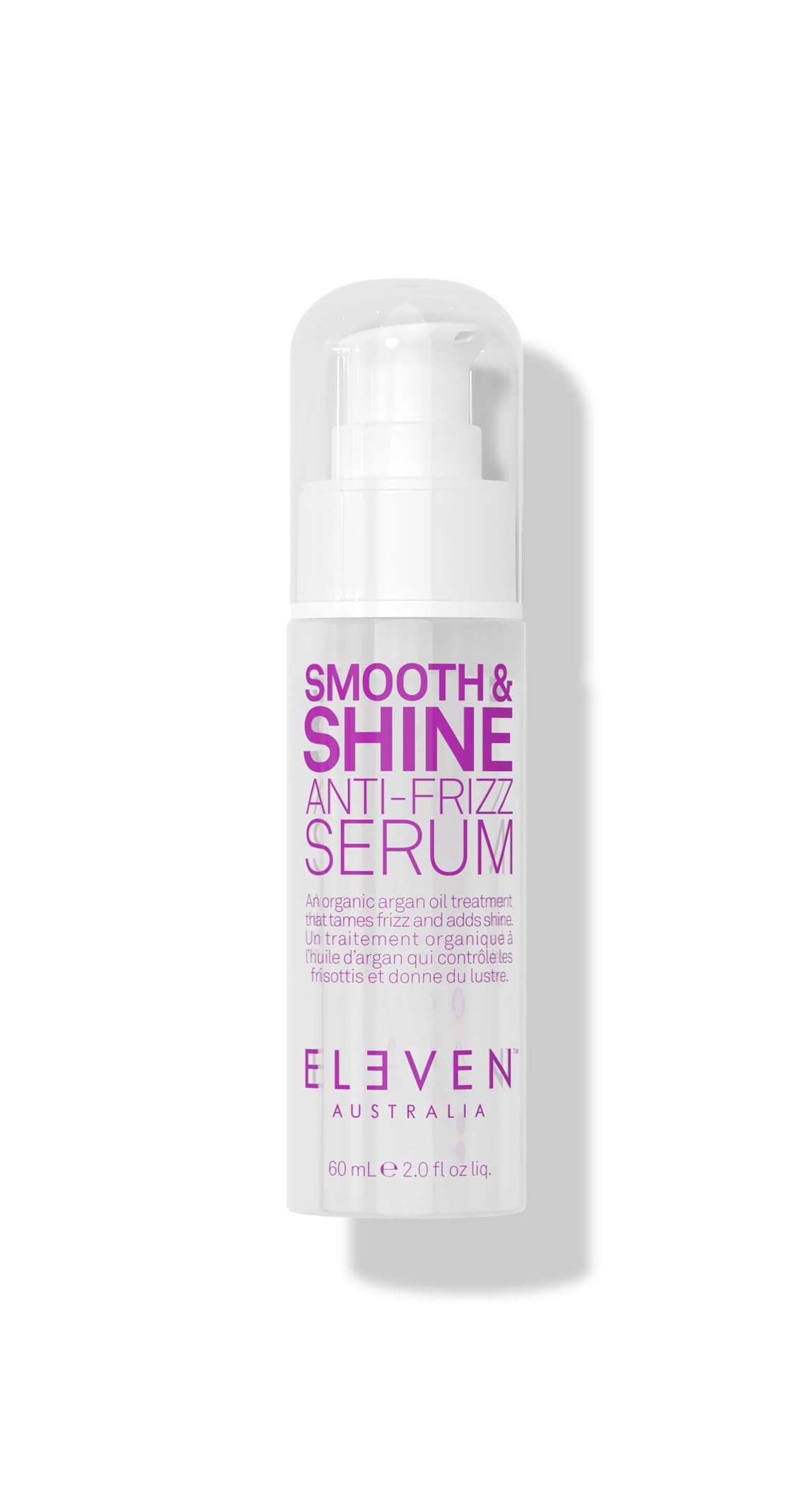 ELEVEN AUSTRALIA Smooth & Shine Serum bottle closeup showing lightweight frizz control for sleek hair.
