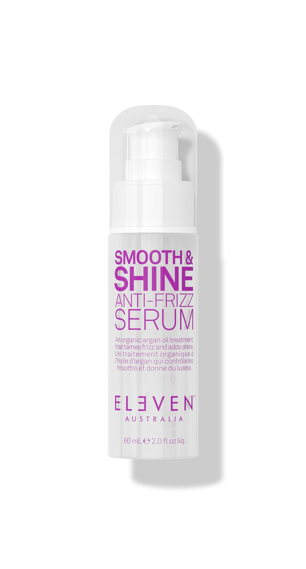 ELEVEN AUSTRALIA Smooth & Shine Serum bottle closeup showing lightweight frizz control for sleek hair.