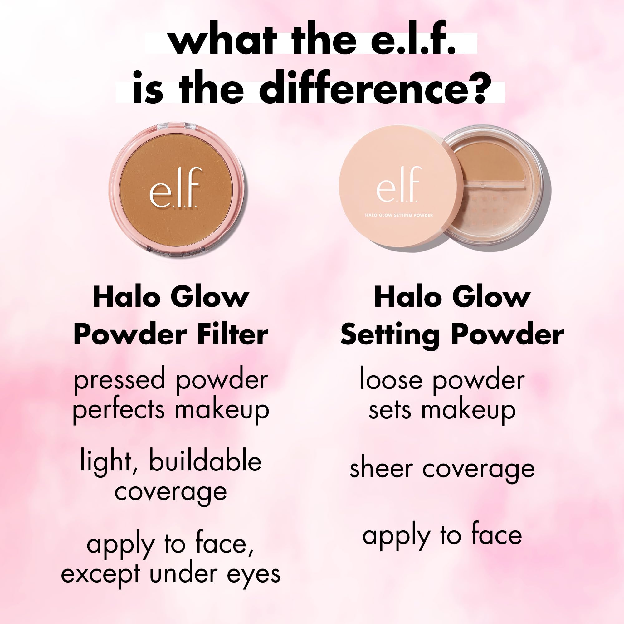 e.l.f. Halo Glow Powder Filter packaging and included puff highlight vegan cruelty-free badge