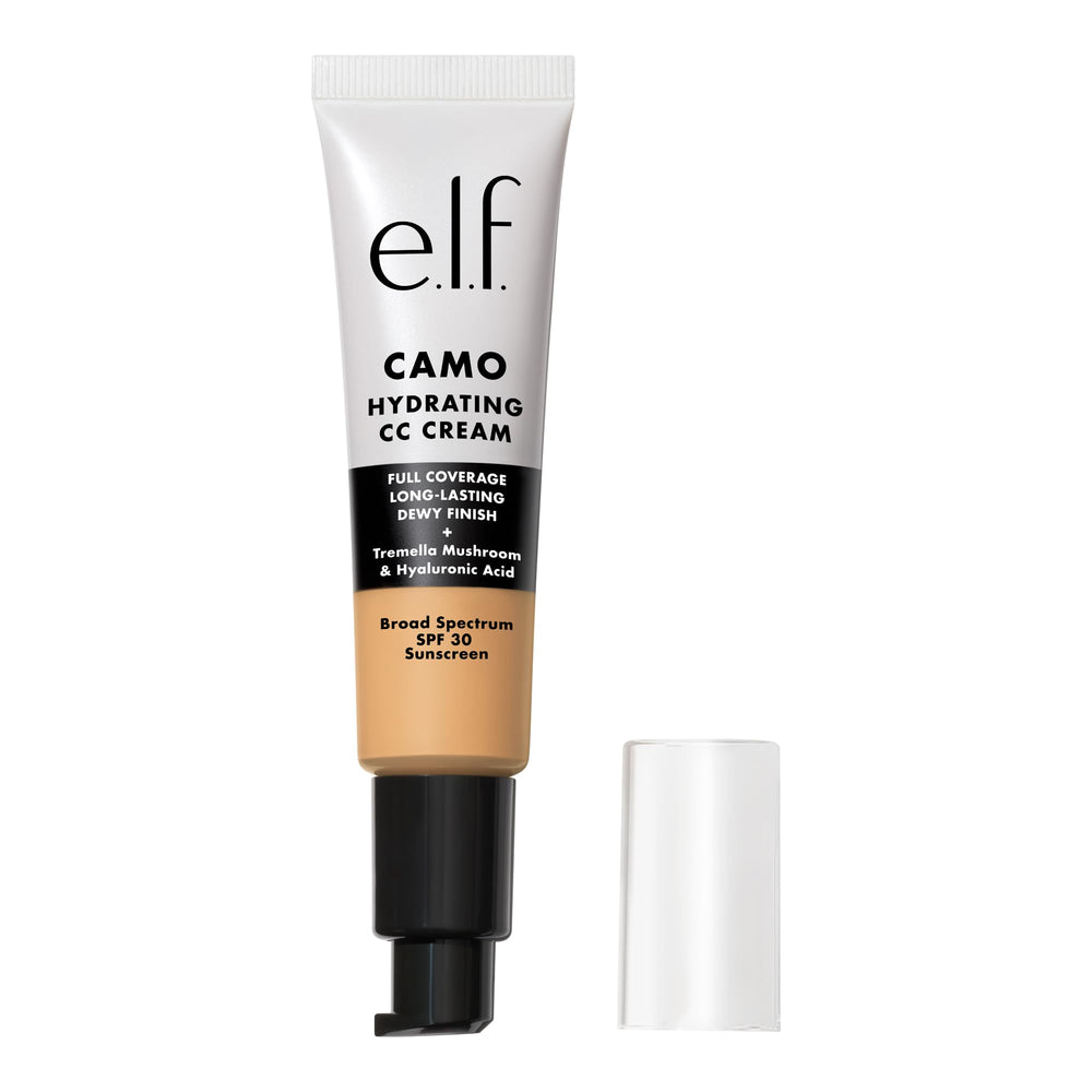 e.l.f. Hydrating Camo CC Cream bottle application for full coverage potential.