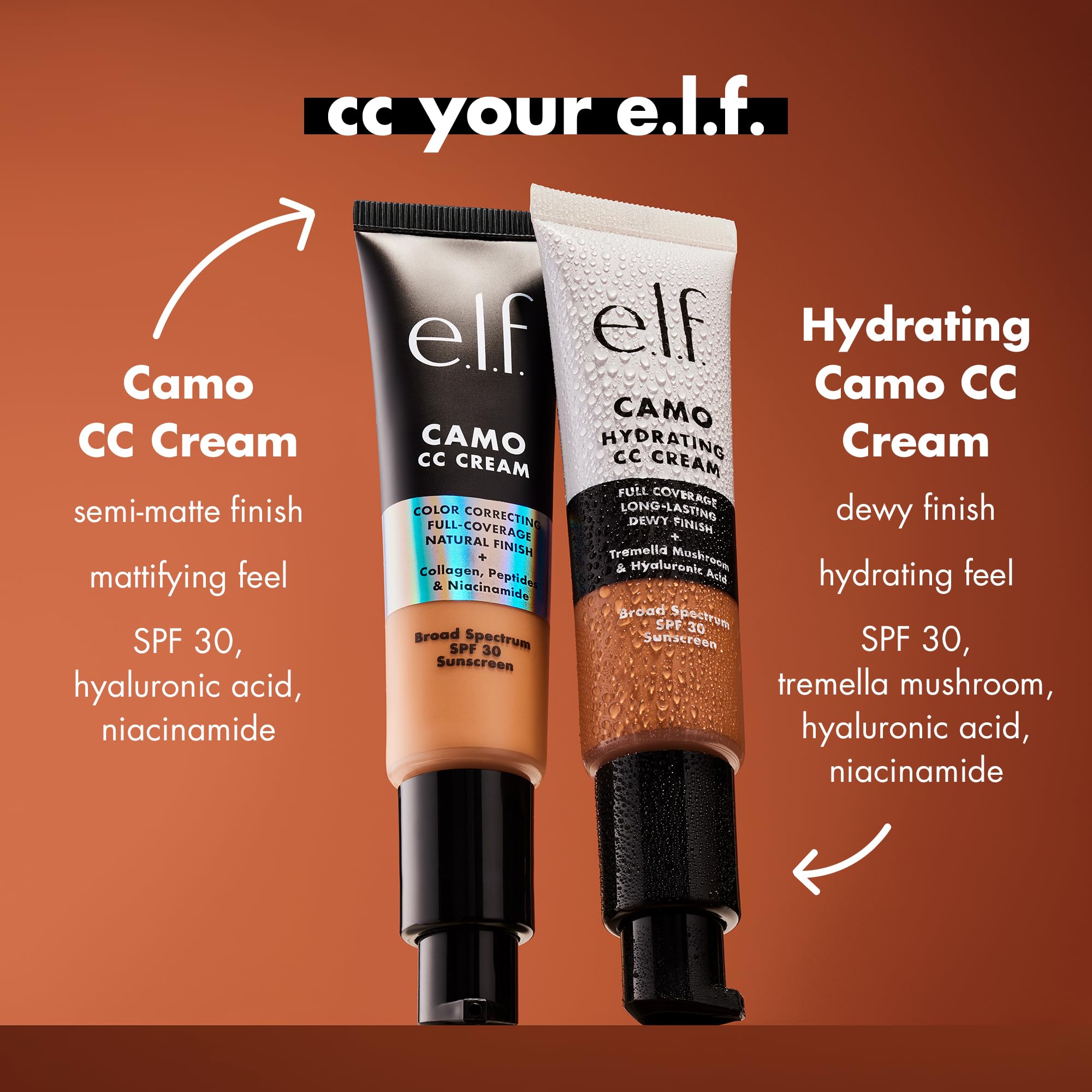 e.l.f. Hydrating Camo CC Cream medium 330W swatches on warm-toned skin.