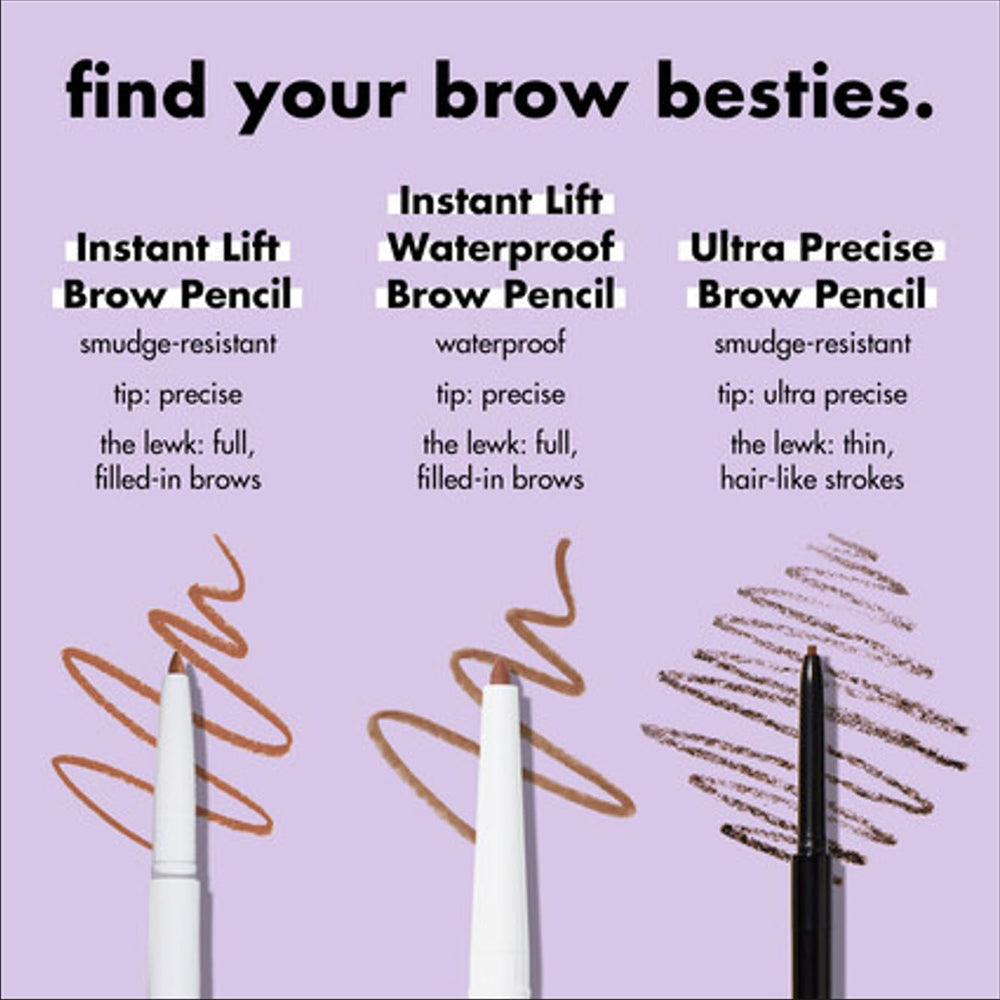e.l.f. Instant Lift Brow Pencil neutral brown shade swatch enhances medium-brown hair.