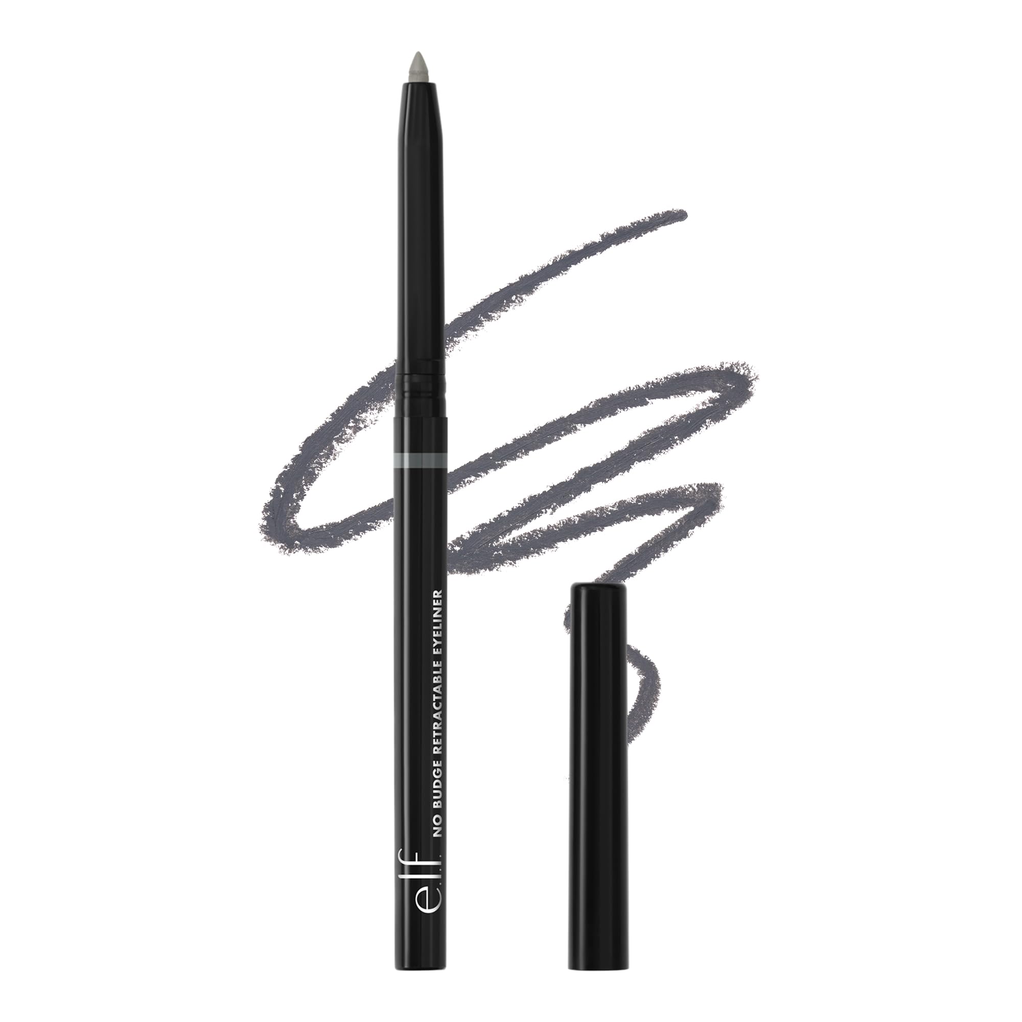 e.l.f. No Budge retractable eyeliner on closed eye showing waterproof, long-lasting definition.
