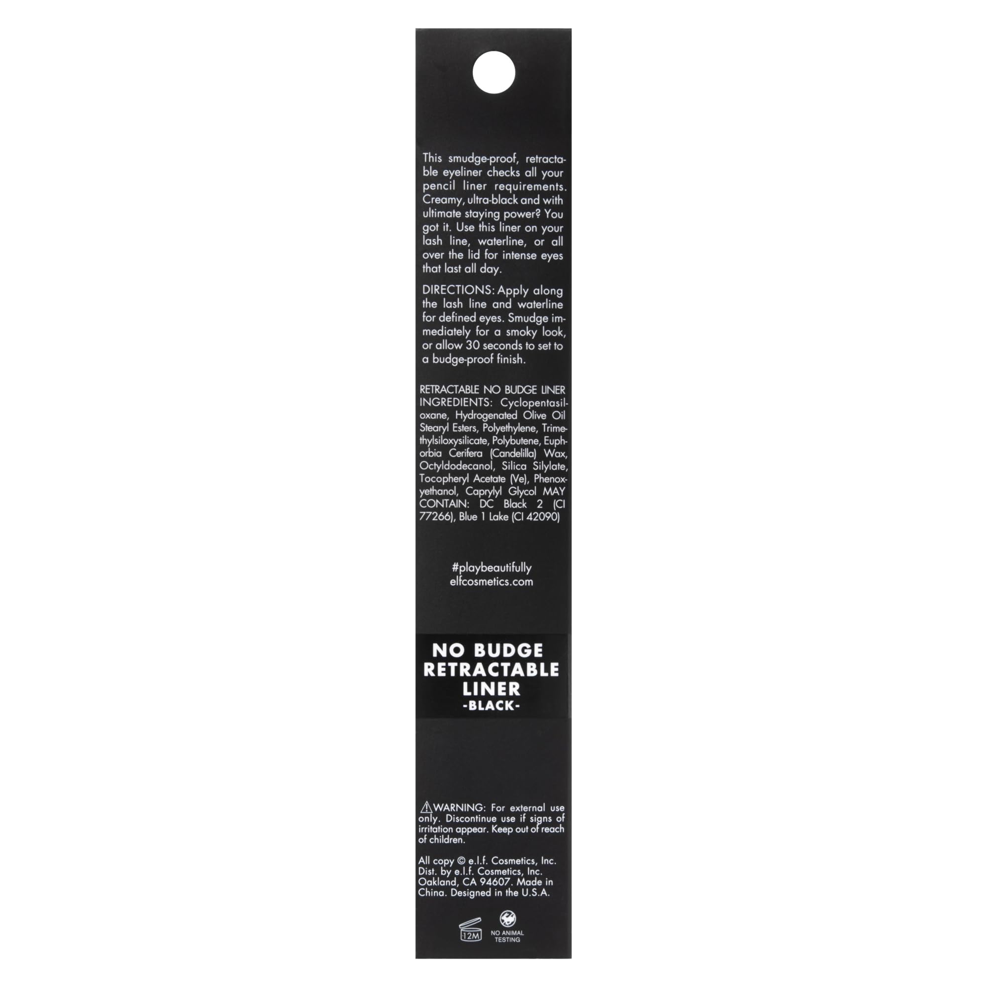 e.l.f. No Budge Retractable Eyeliner compact twist packaging for travel-friendly use.