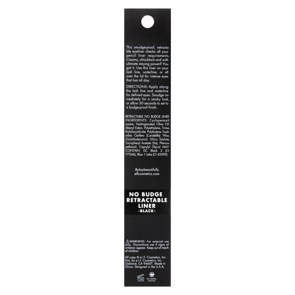 e.l.f. No Budge Retractable Eyeliner compact twist packaging for travel-friendly use.
