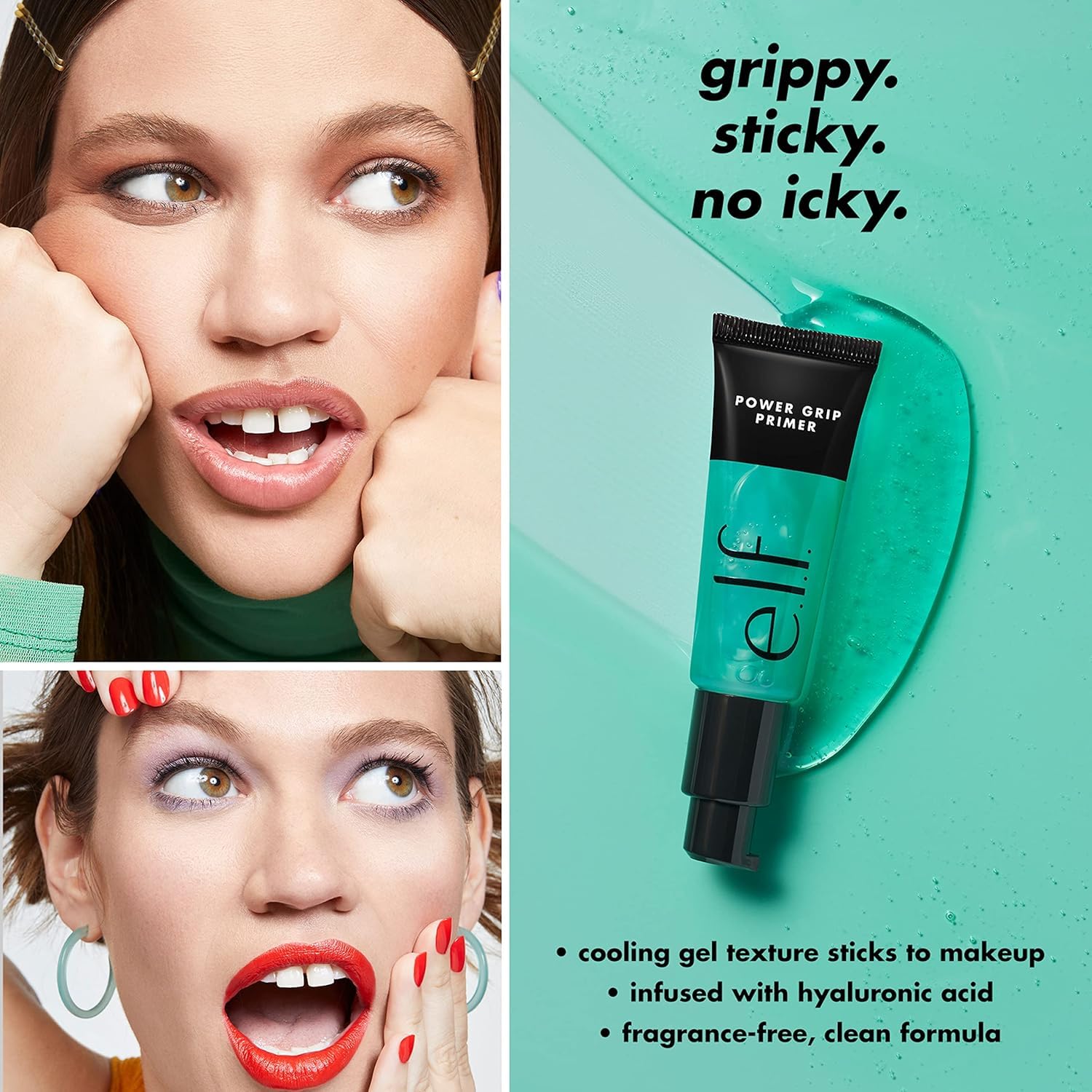 e.l.f. Power Grip Primer Mini hyaluronic-acid ingredient close-up highlights hydration for a plump, comfortable base.