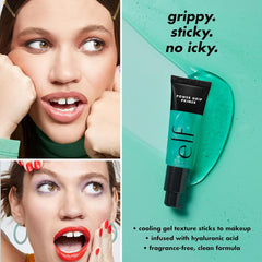 e.l.f. Power Grip Primer Mini hyaluronic-acid ingredient close-up highlights hydration for a plump, comfortable base.
