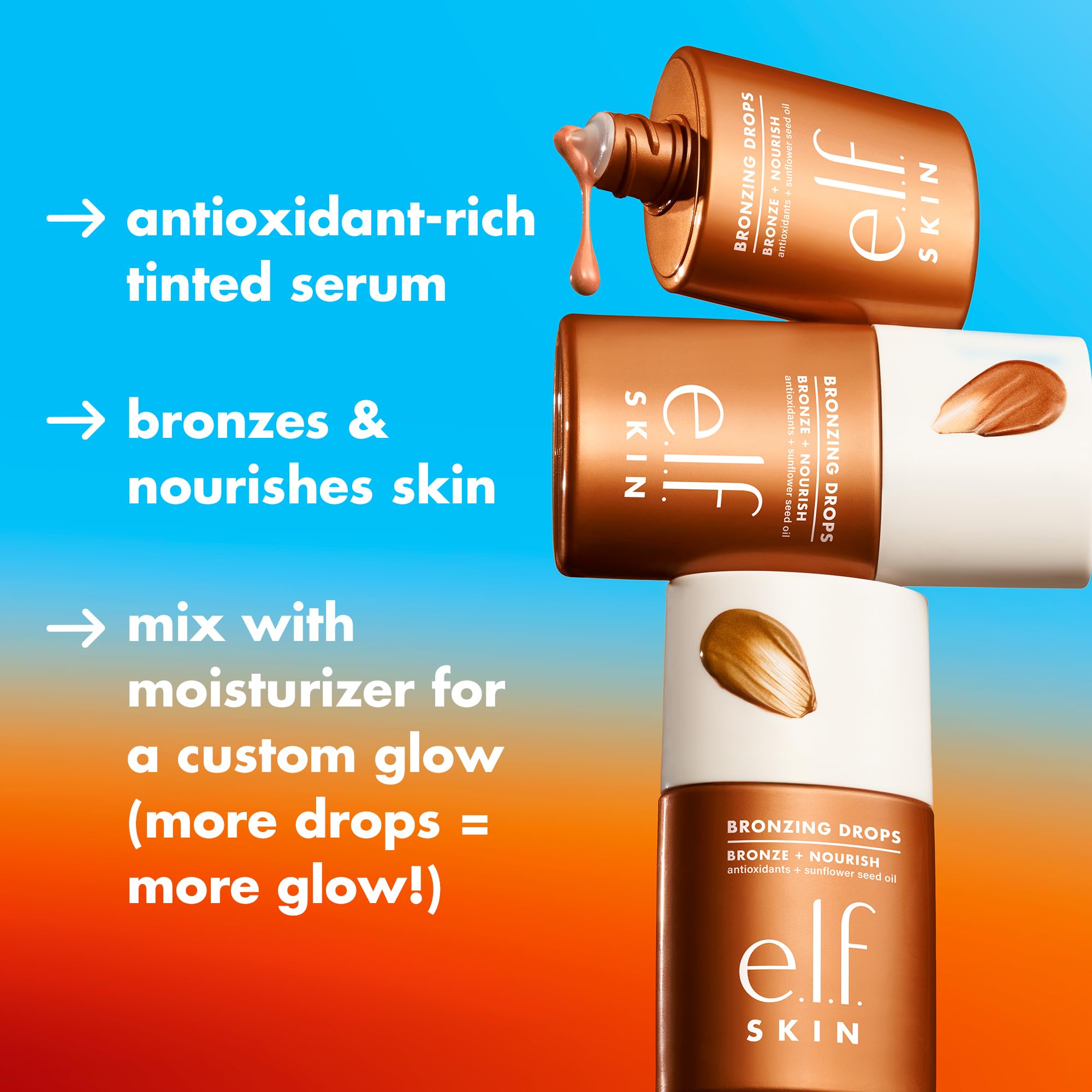 Closeup of e.l.f. SKIN Bronzing Drops texture showing buildable pigment for glow