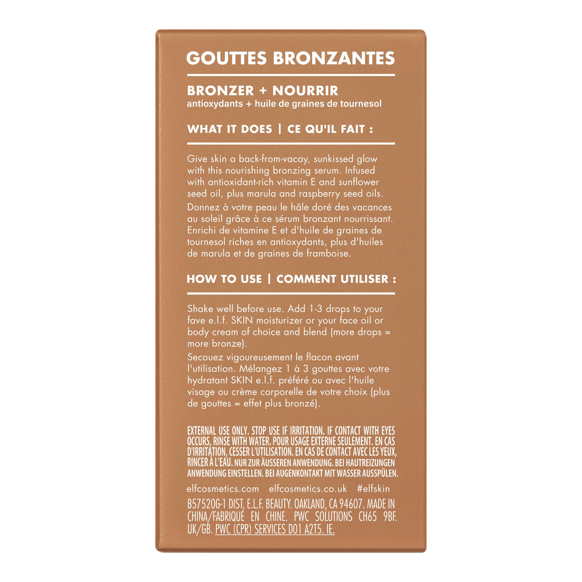 Cruelty-free badge and vegan branding on e.l.f. SKIN Bronzing Drops packaging