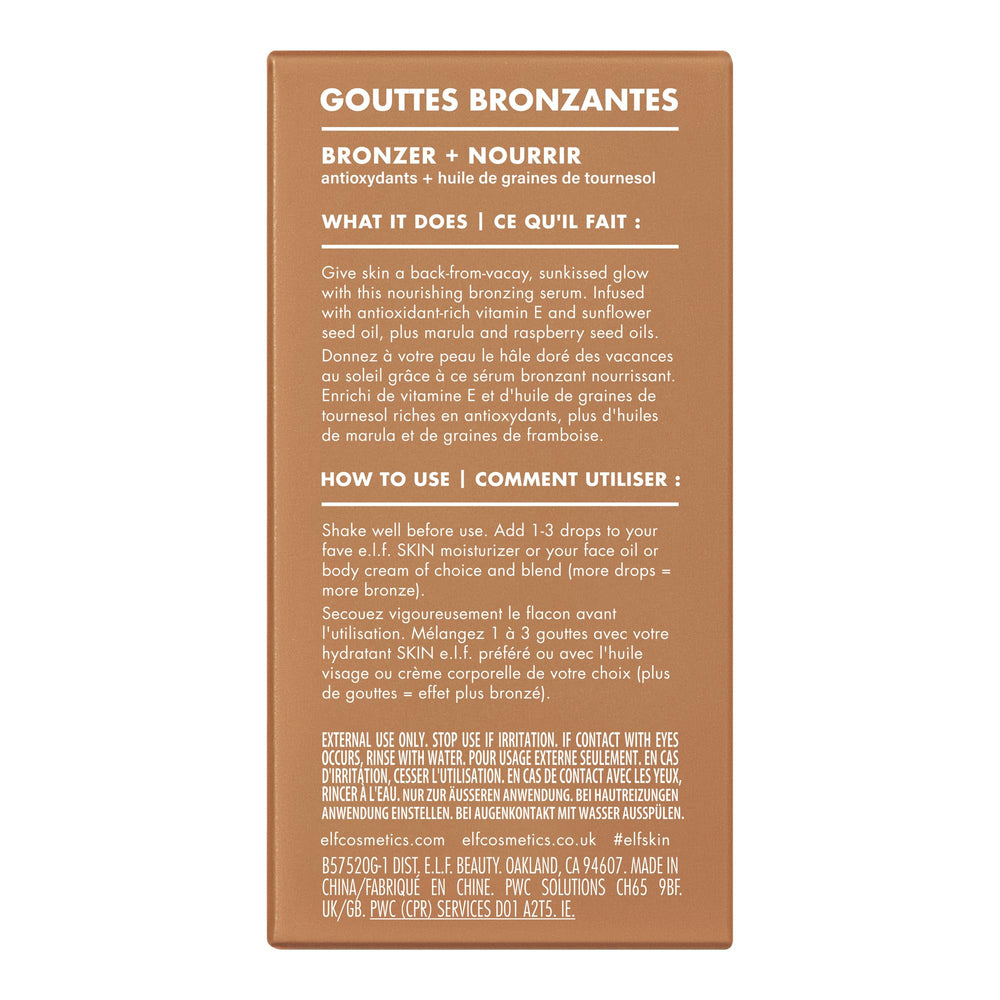 Cruelty-free badge and vegan branding on e.l.f. SKIN Bronzing Drops packaging