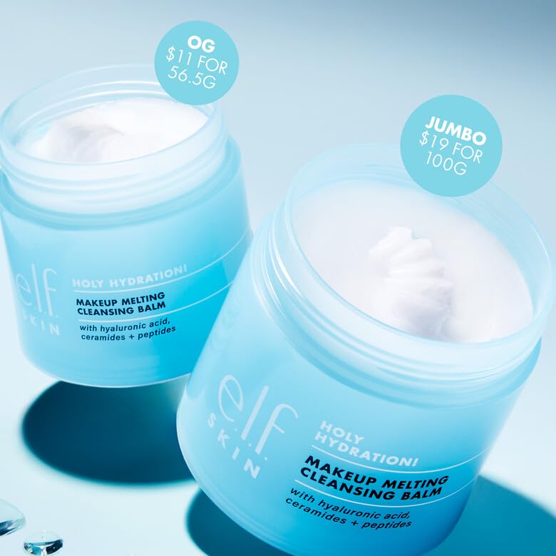 e.l.f. SKIN Holy Hydration balm highlight hyaluronic acid for hydrated feel during cleansing.
