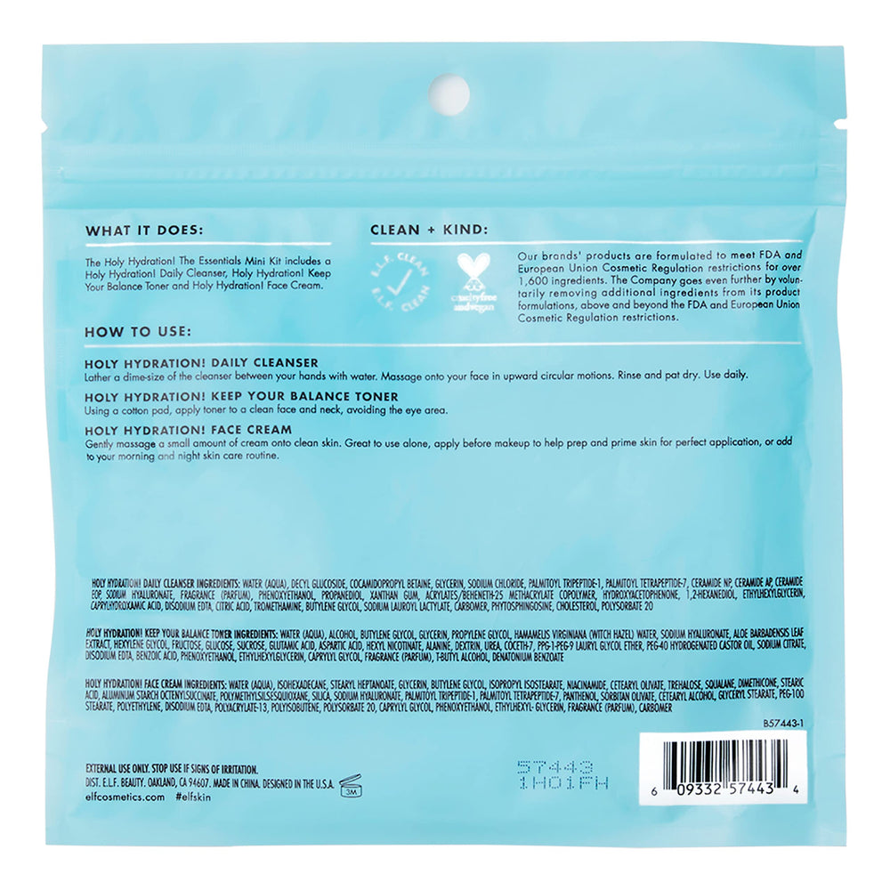 Packaging shows vegan and cruelty-free credentials for e.l.f. Holy Hydration