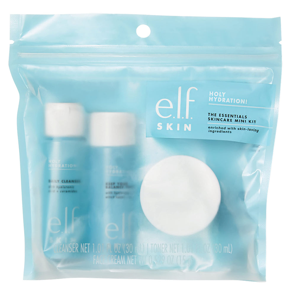 Group shot of the mini kit with cleanser, toner, and moisturizer for on the go