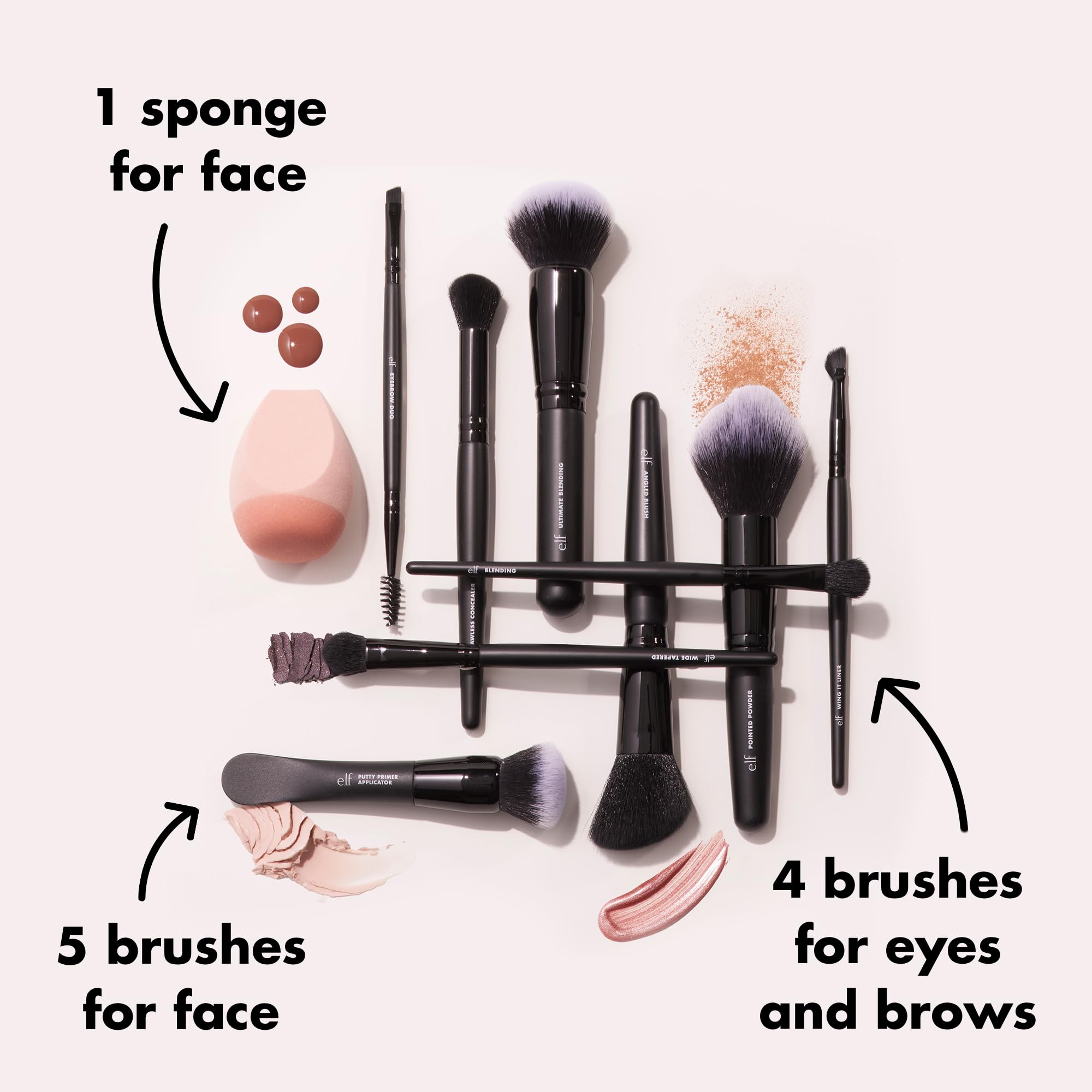 e.l.f. Ten Out Of Ten face brushes for smooth base makeup and blending.